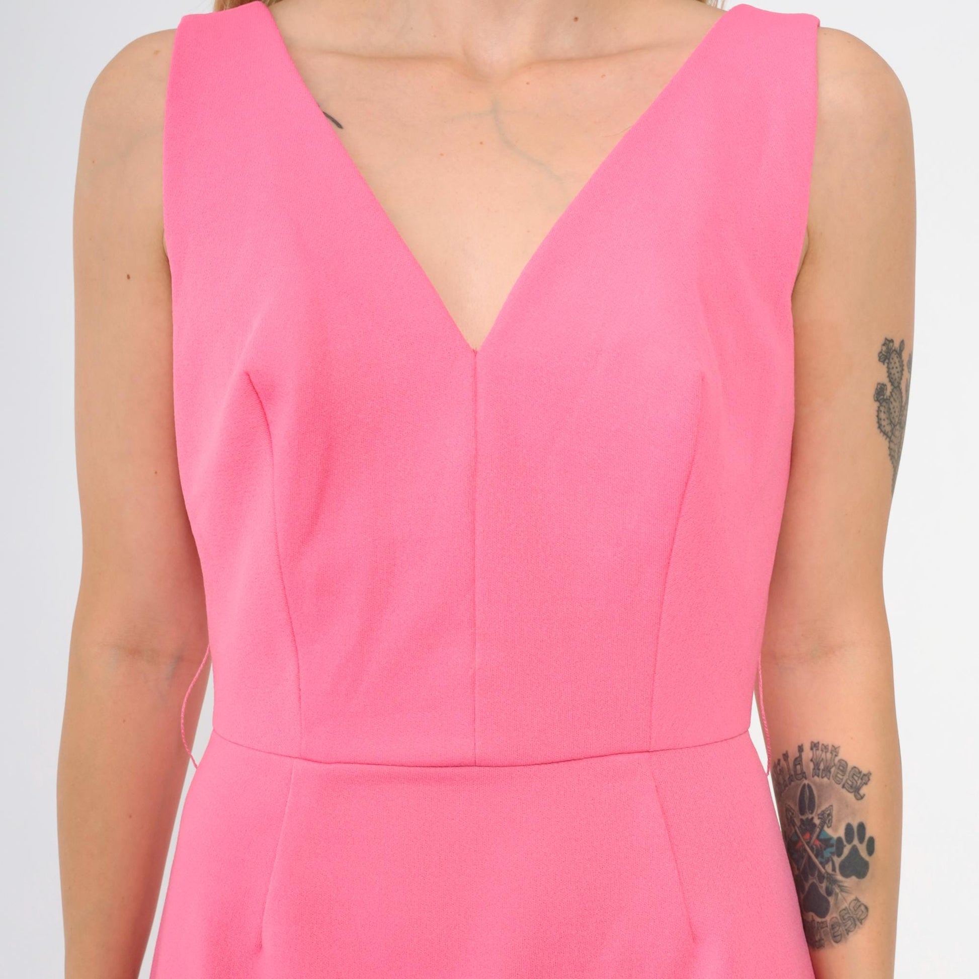 60s Pink Mod Mini Dress Deep V Neck Sleeveless High Waist Small