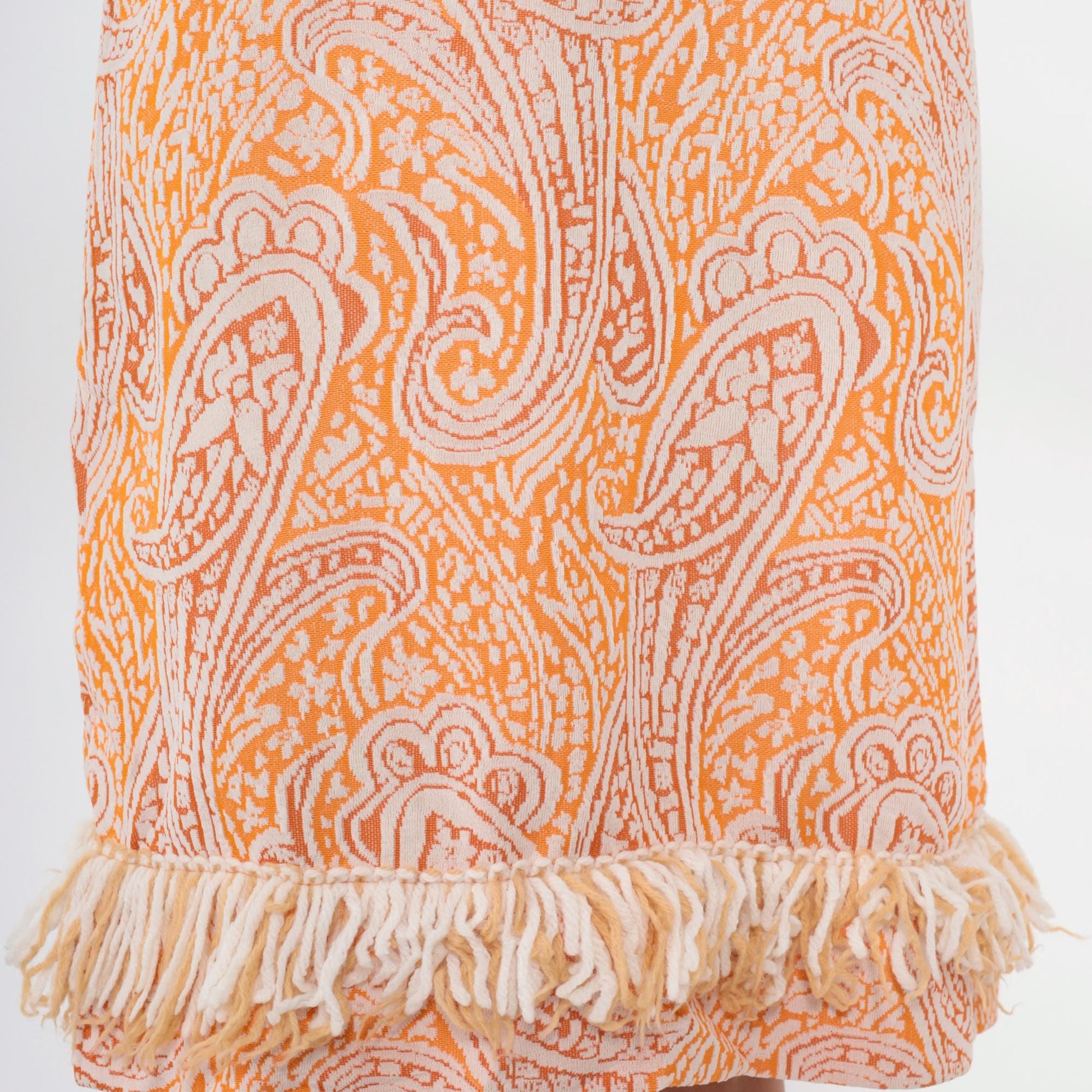 60s Paisley Dress with Matching Fringe Scarf Mock Neck Orange White Extra Small