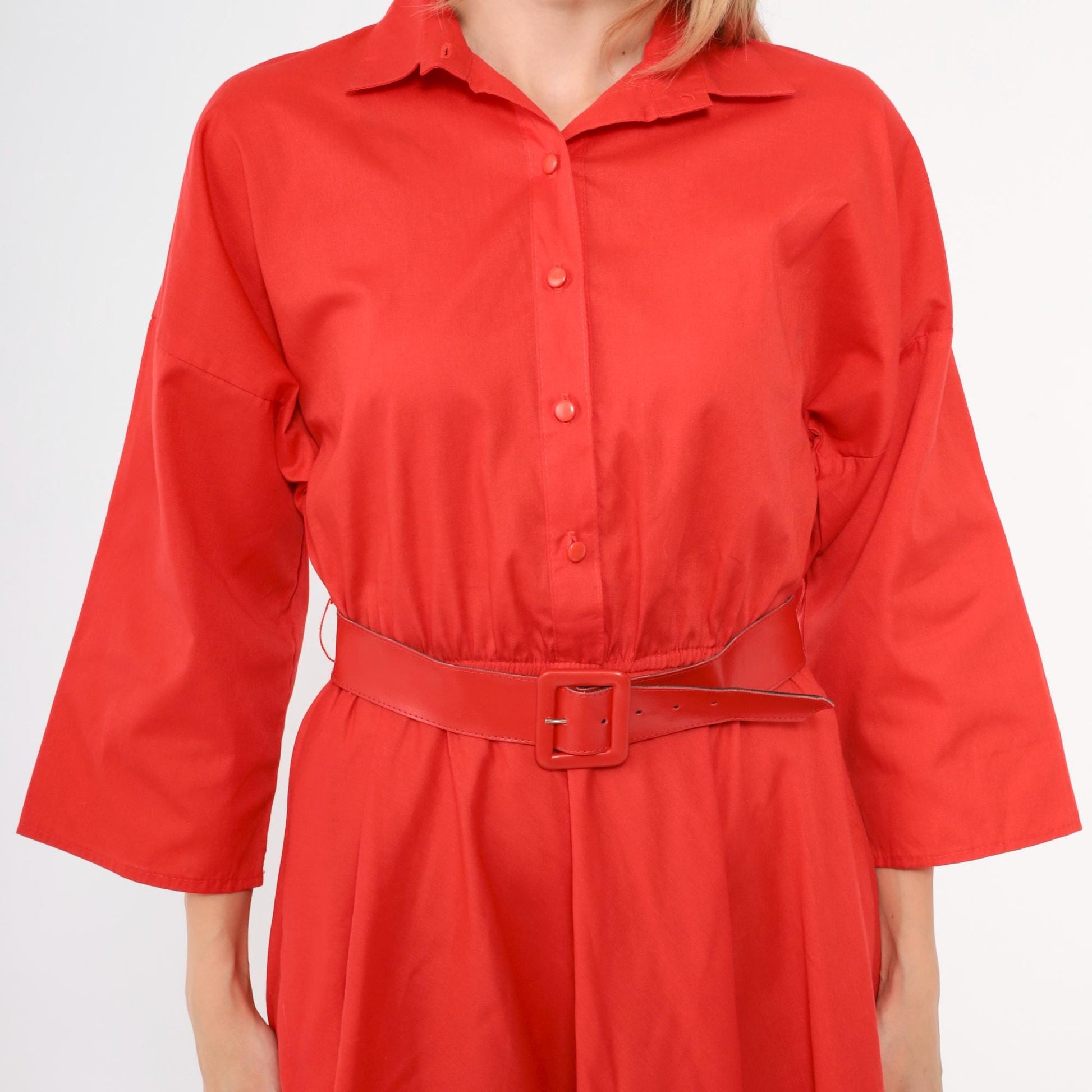 80s Red Button-Up Midi Shirtdress High Waisted 3/4 Sleeve Medium