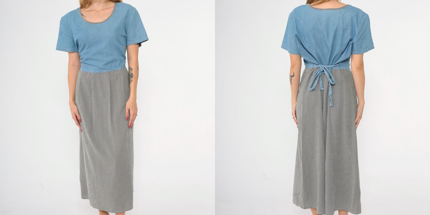 90s Blue Denim Checkered Maxi Dress Scoop Neck Short Sleeve Large 14