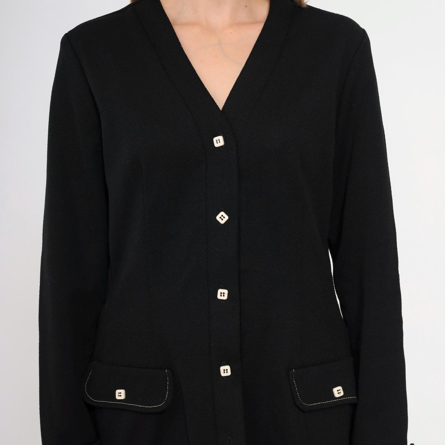 70s Black Polyester Blazer Button-Up Jacket V-Neck Mod Disco Medium Large