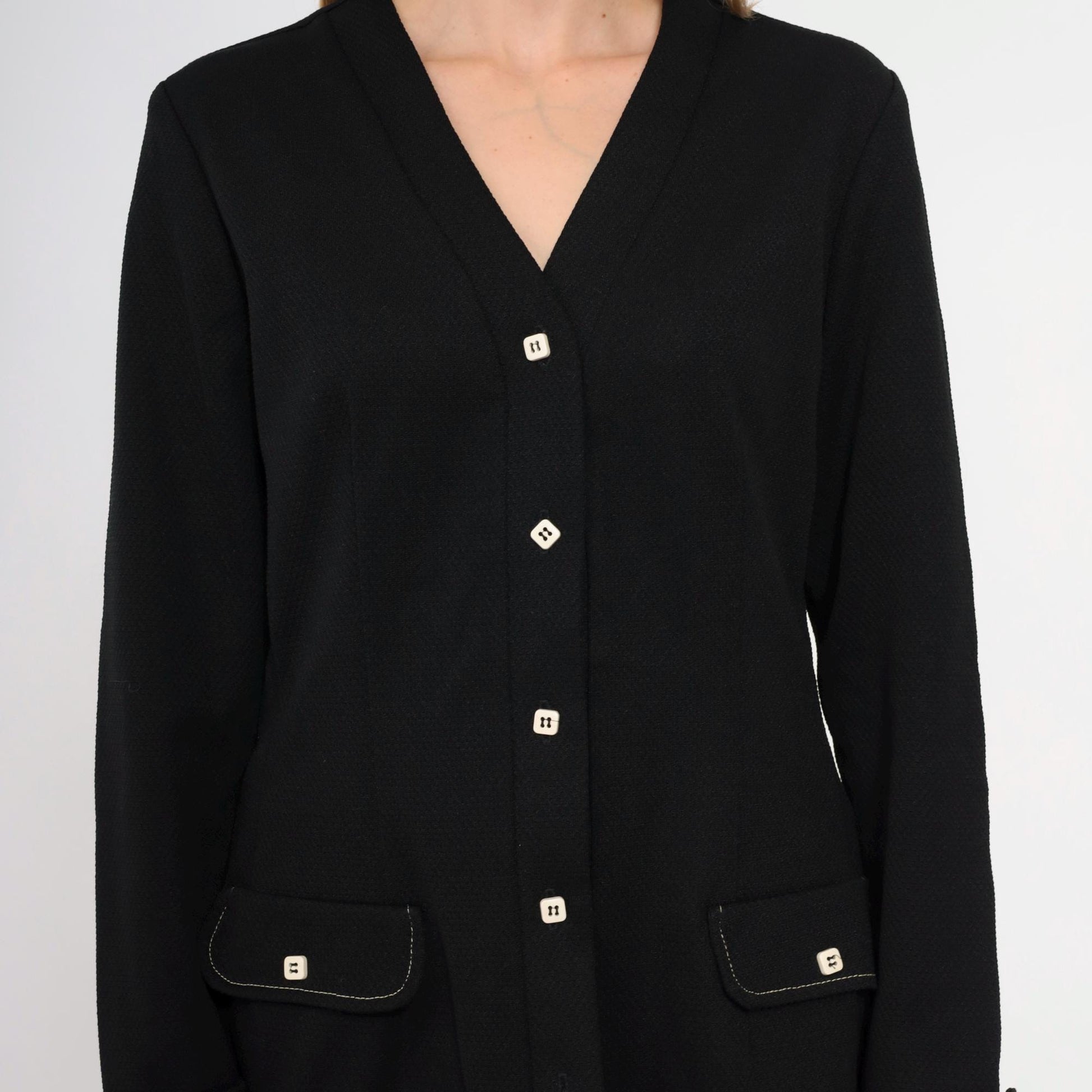 70s Black Polyester Blazer Button-Up Jacket V-Neck Mod Disco Medium Large
