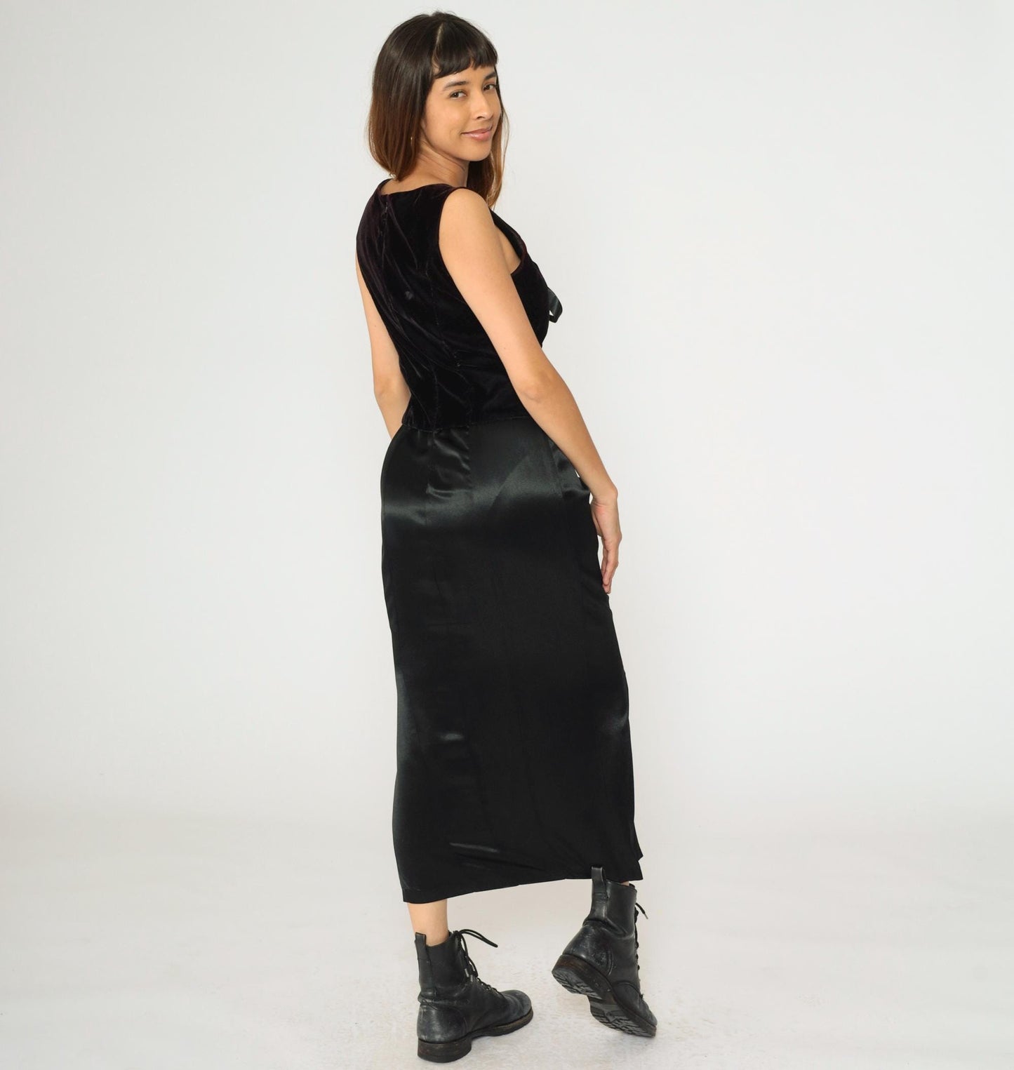 90s Black Satin Maxi Dress Velvet Lace-Up Bodice Sleeveless Medium