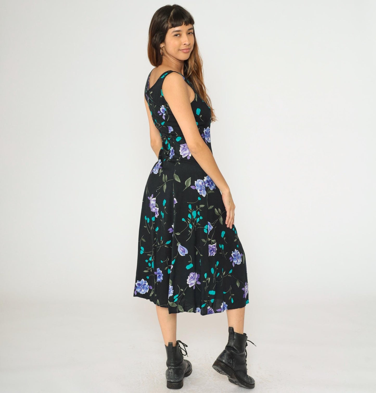 90s Black Floral Midi Dress A-Line Sleeveless Princess Seam Small
