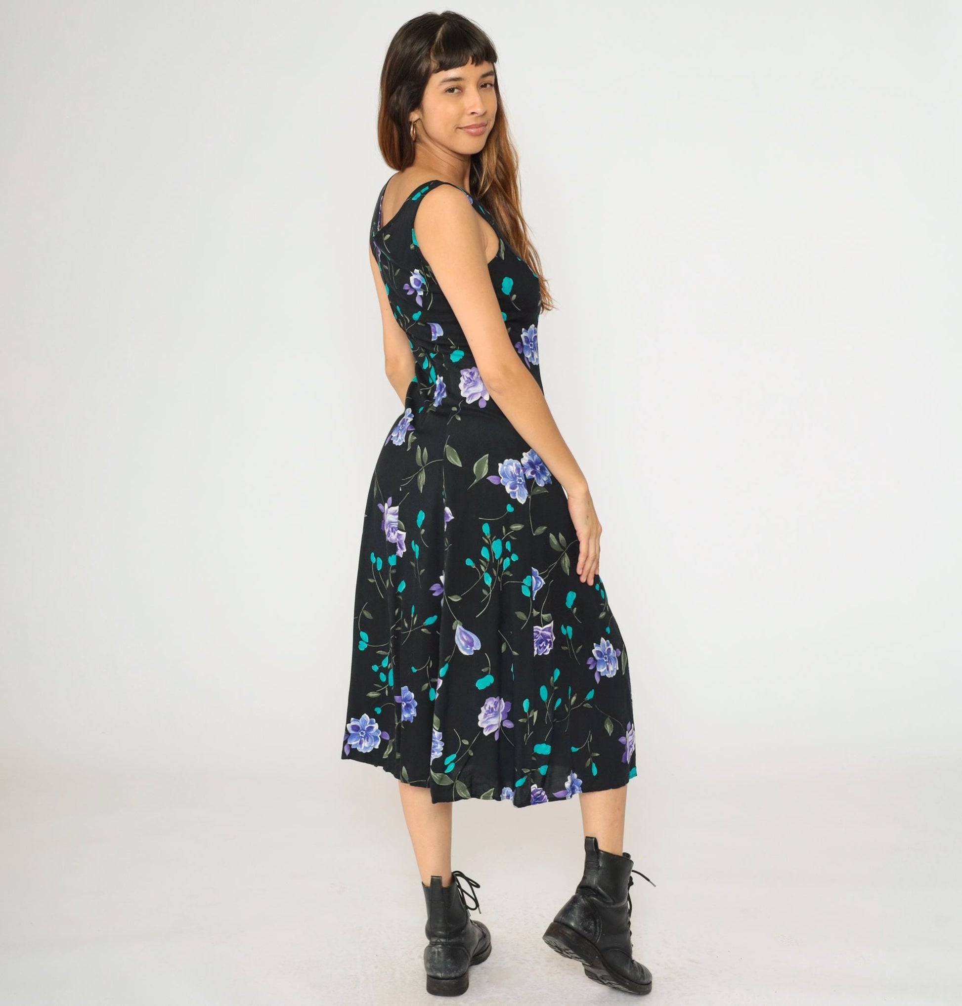 90s Black Floral Midi Dress A-Line Sleeveless Princess Seam Small