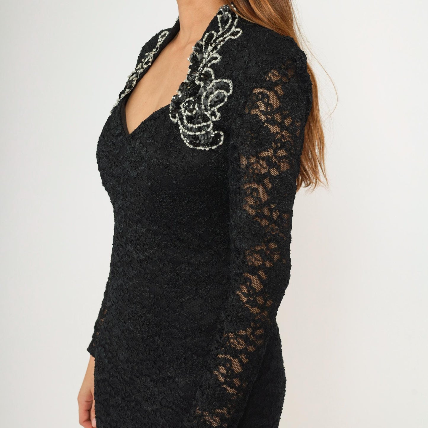 90s Betsy & Adam Black Lace Mini Dress Beaded Sequin Sweetheart Small