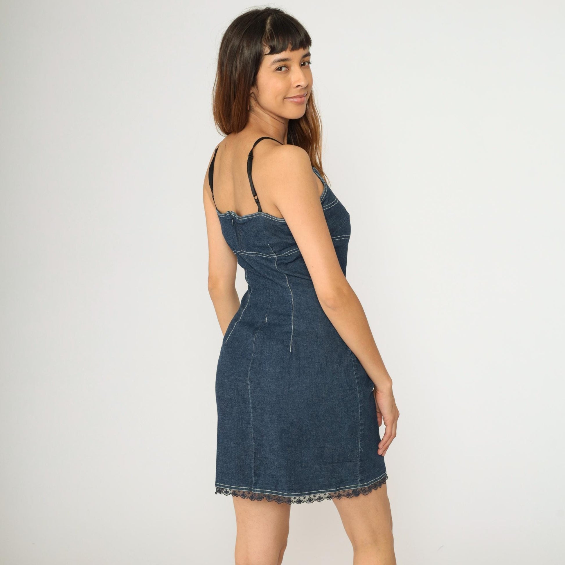 90s Blue Denim Mini Dress Spaghetti Strap Bodycon Sheath Medium