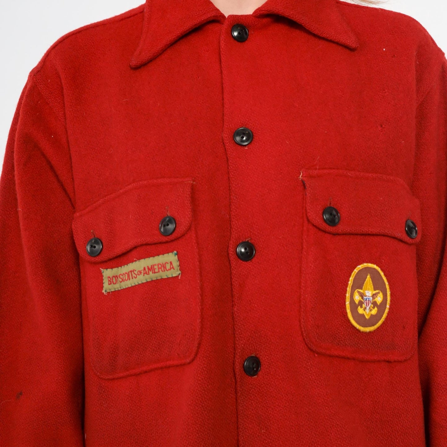 70s Boy Scouts of America Red Wool Button-Up Shirt Fleur De Lis Patch Large L
