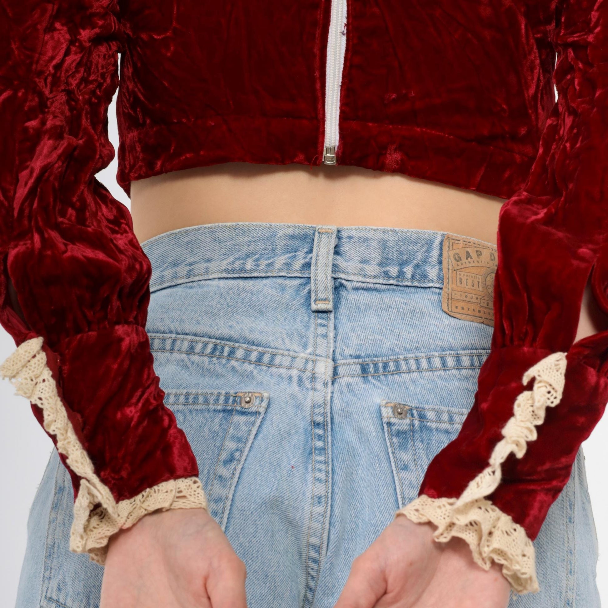 60s Red Velvet Crop Top Lace Trim Puff Sleeve Blouse Extra Small
