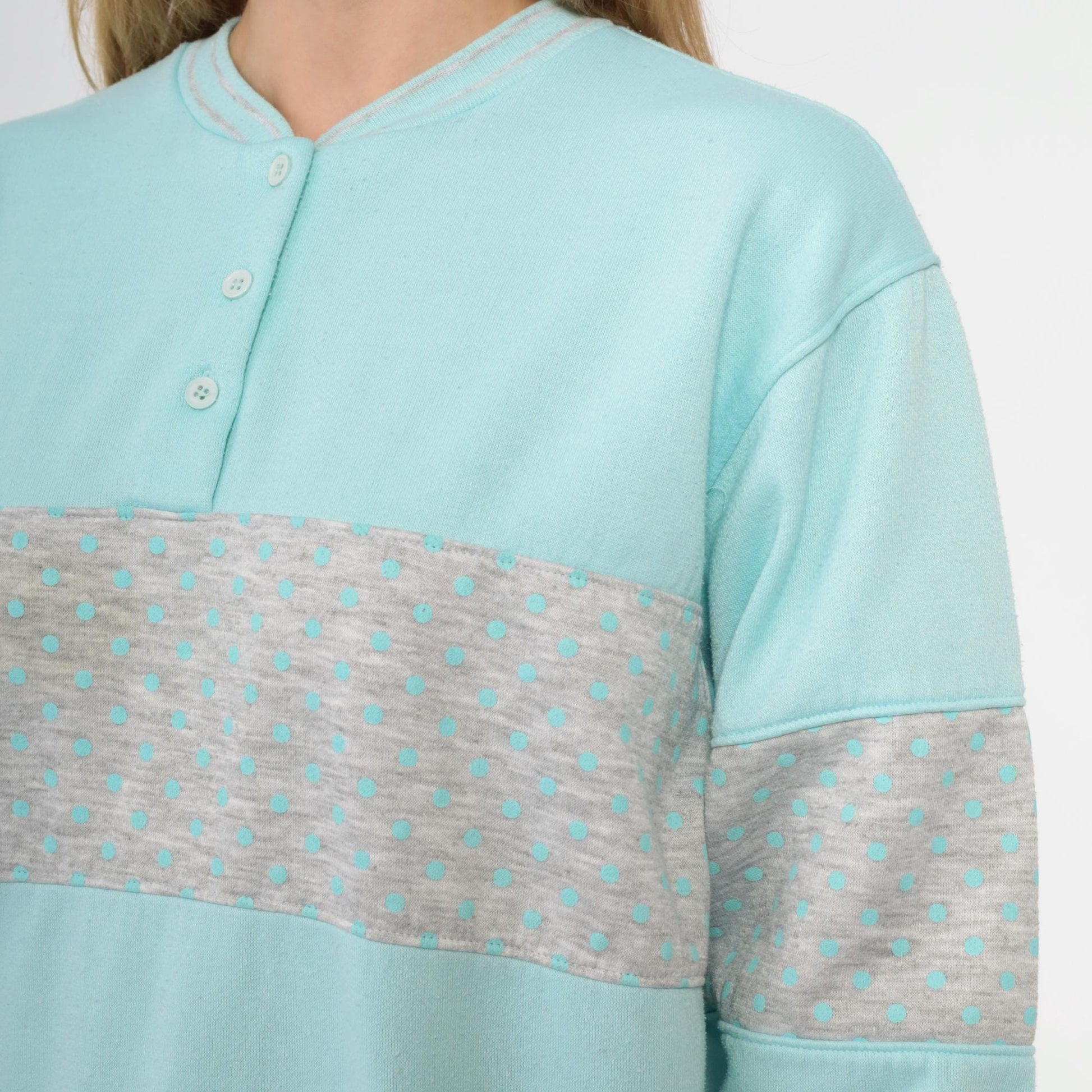 80s Mint Blue Polka Dot Henley Sweatshirt Grey Panel Color Block Medium