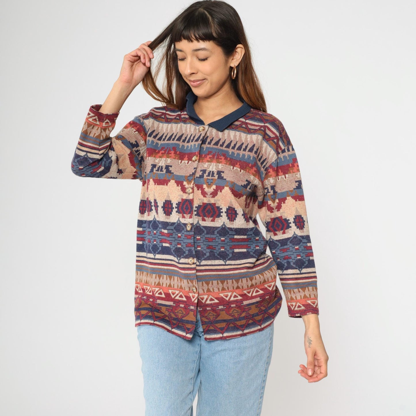 90s Southwestern Tapestry Button Up Blouse Navy Blue Red Long Sleeve Extra Small