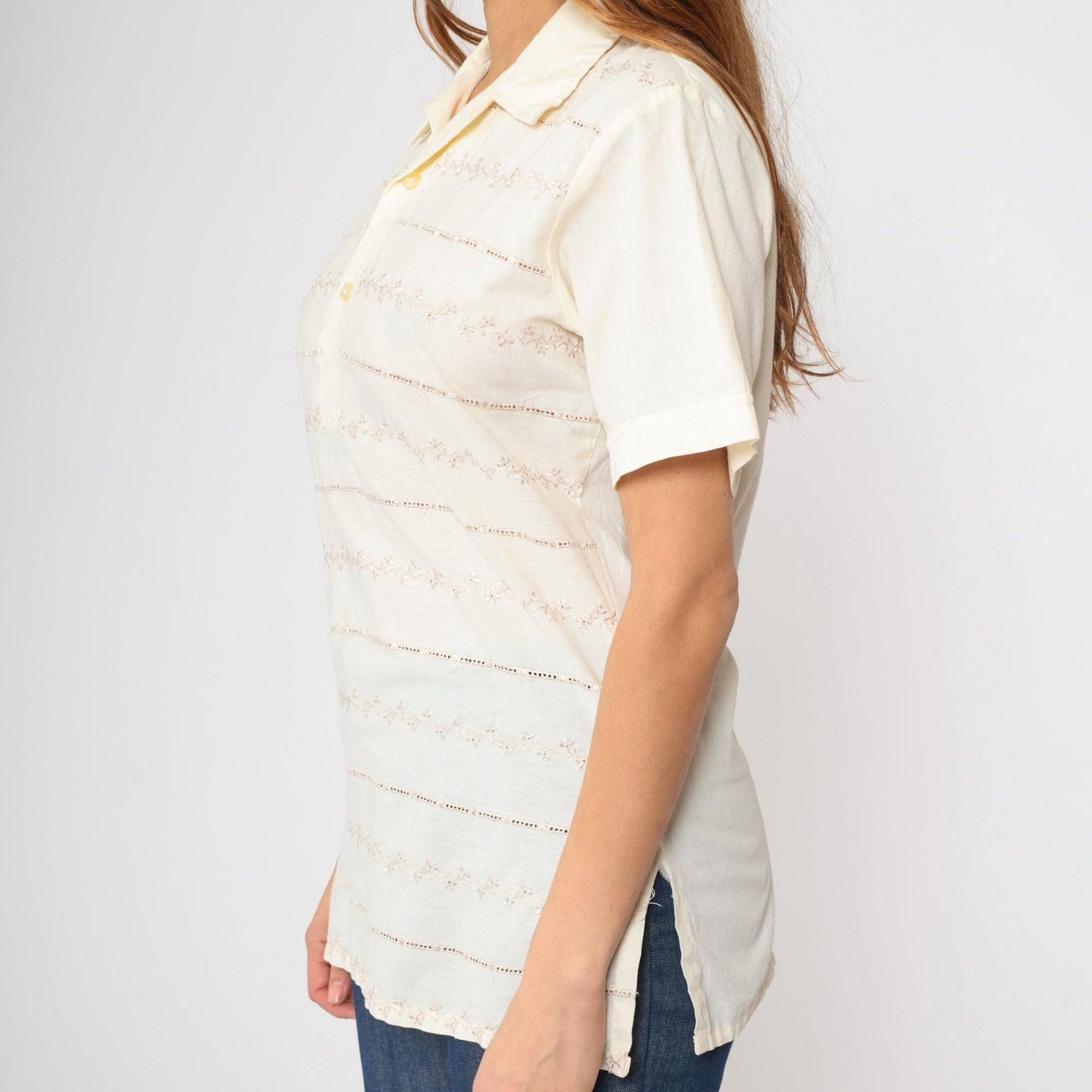 70s Paul Howard California Eyelet Striped Polo Shirt Cream Medium M