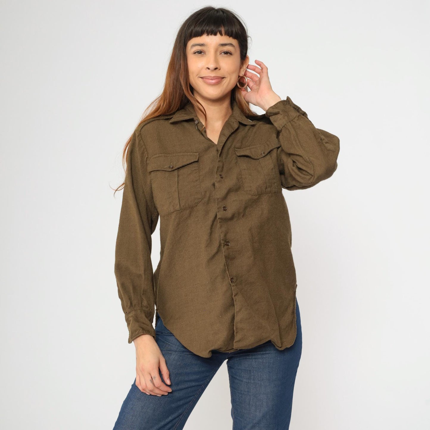 80s Olive Brown Wool Military Shirt Button Up Epaulettes Utility Pockets Small