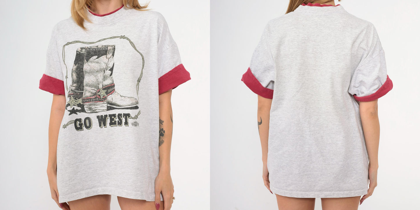 90s Go West Cowboy Boot Graphic T-Shirt Burgundy Cuffed Sleeve Grey Extra Large