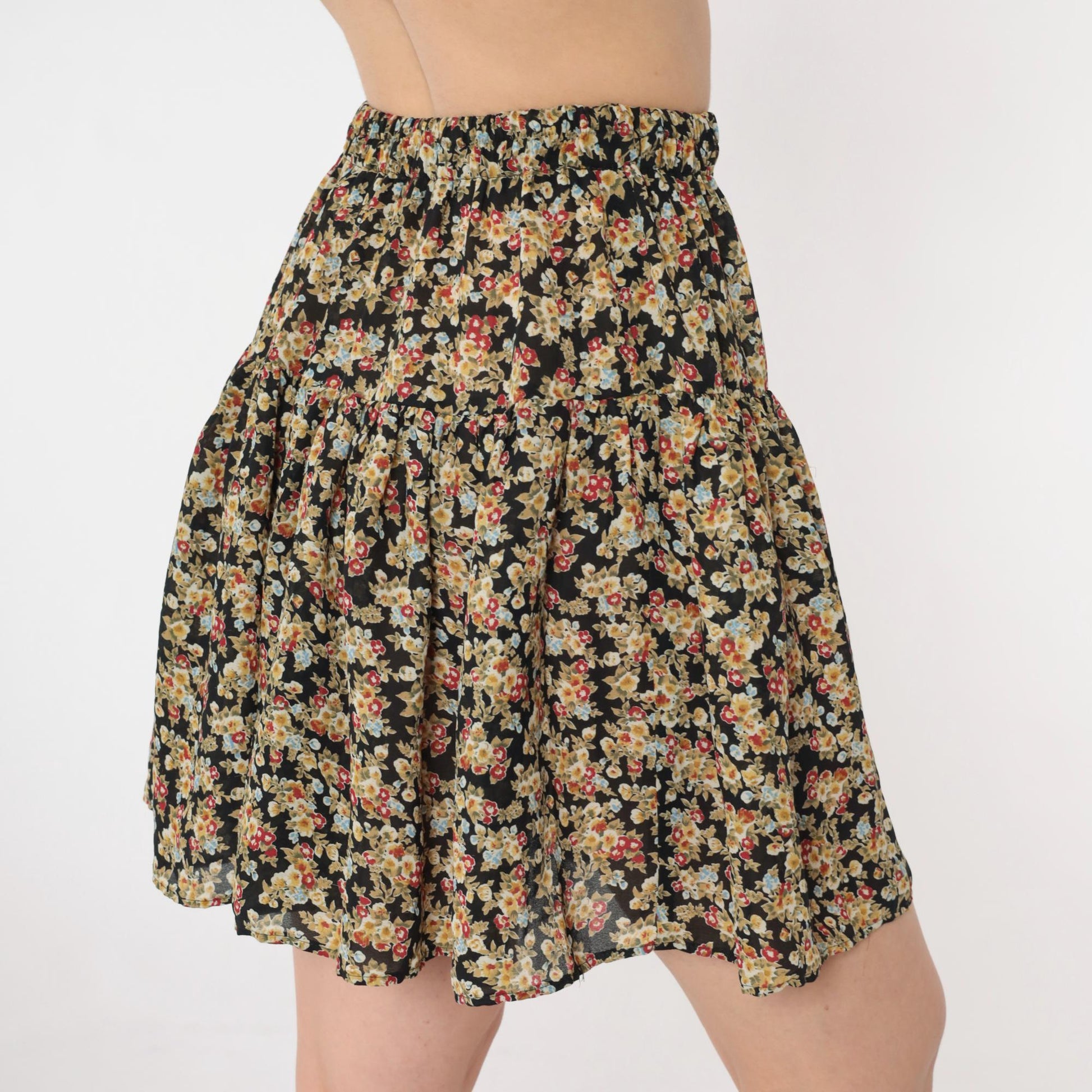 90s Floral Tiered Mini Skirt Black Olive Green Elastic Waist Small