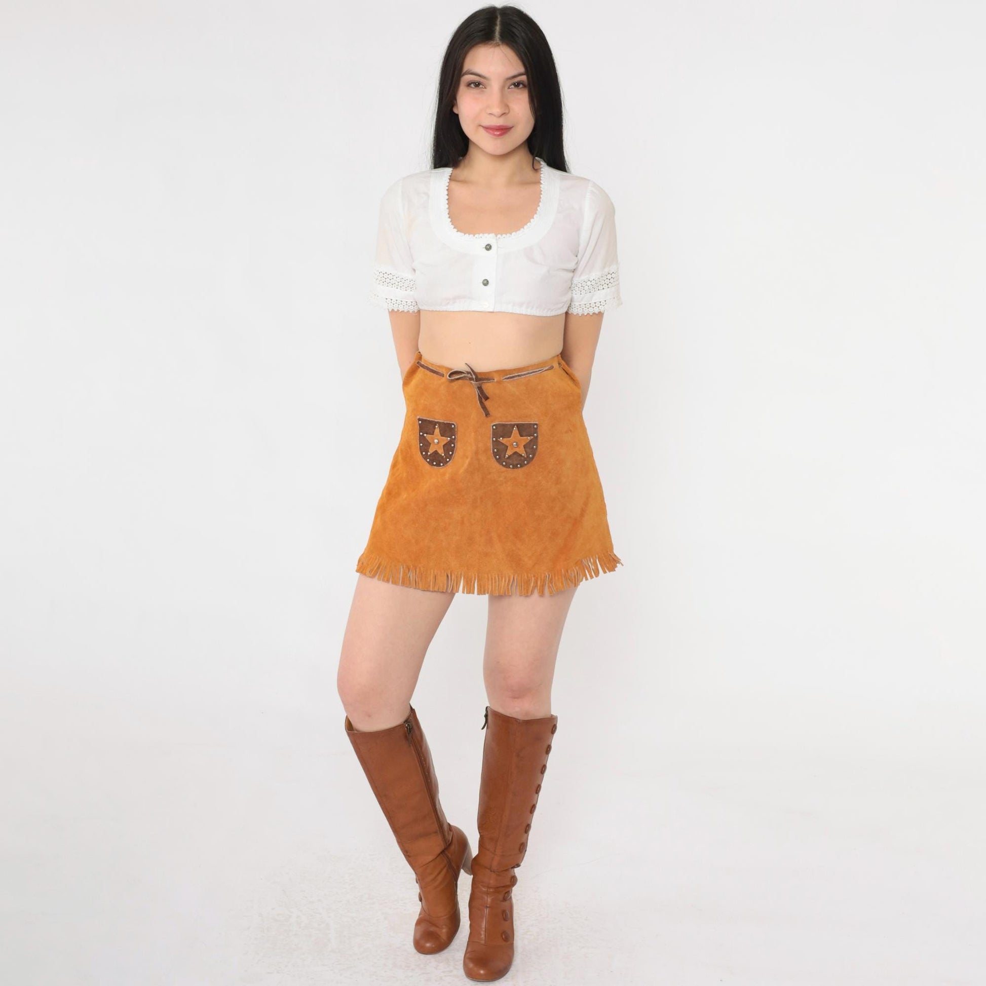 90s Brown Suede Fringe Mini Skirt Studded Star Drawstring Waist Extra Small