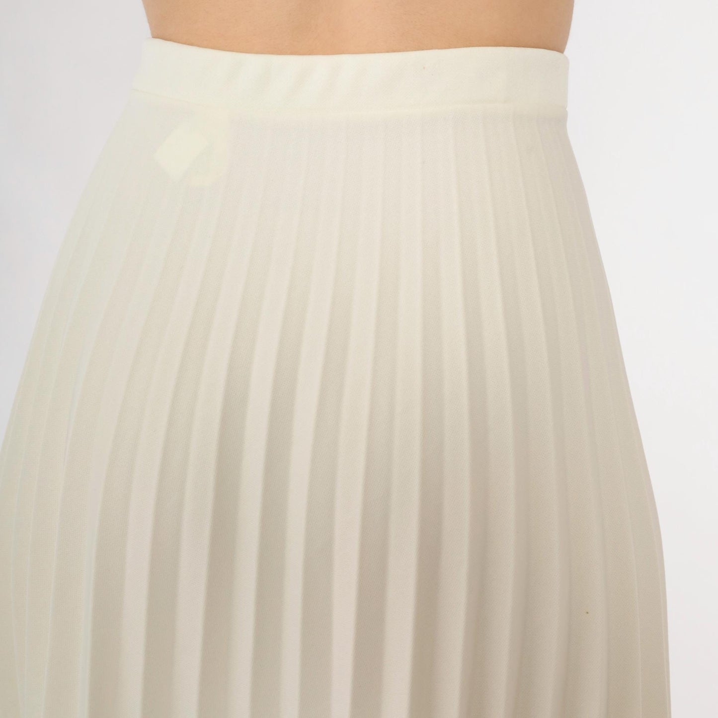 70s Cream Pleated Midi Skirt High Waist Elastic Large L