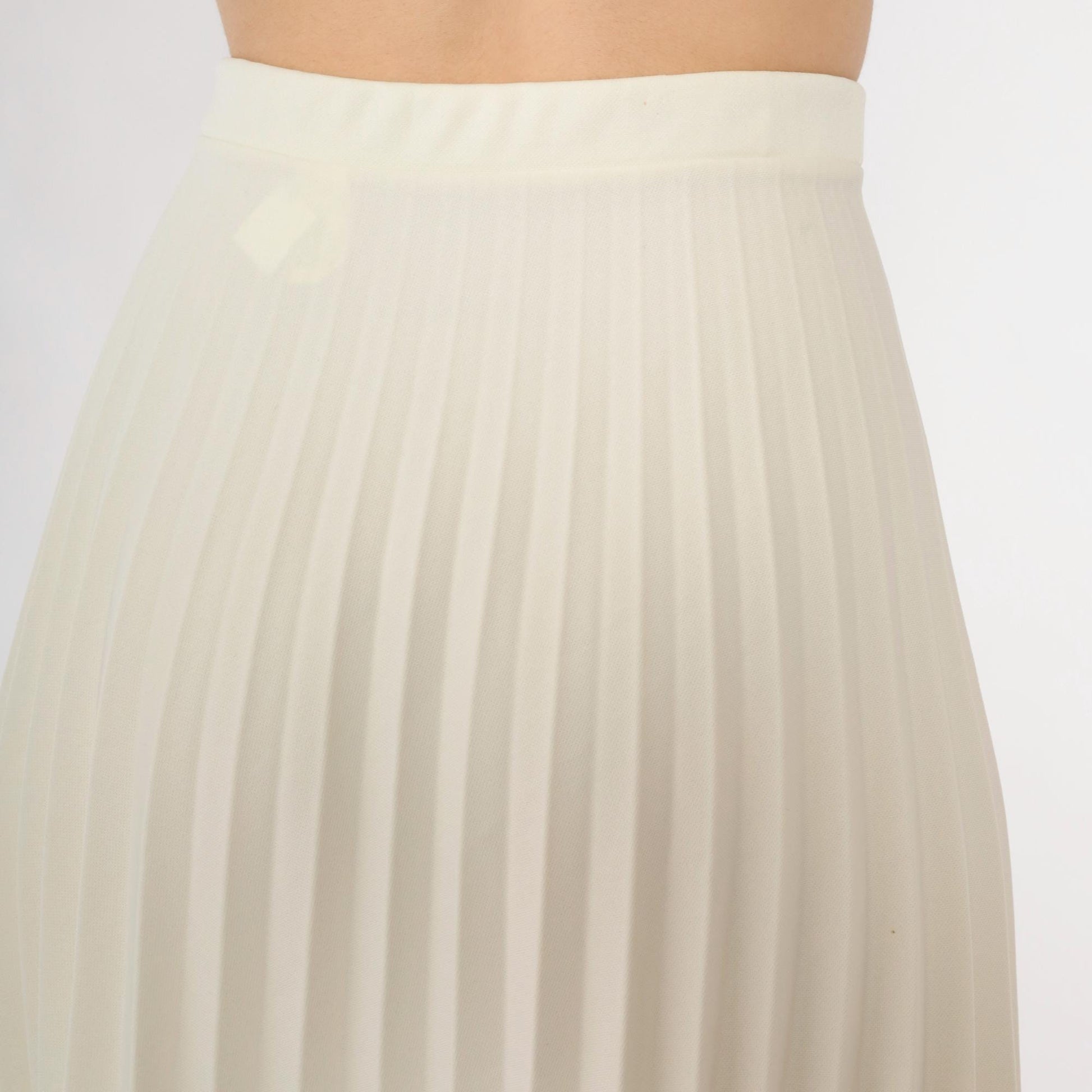 70s Cream Pleated Midi Skirt High Waist Elastic Large L