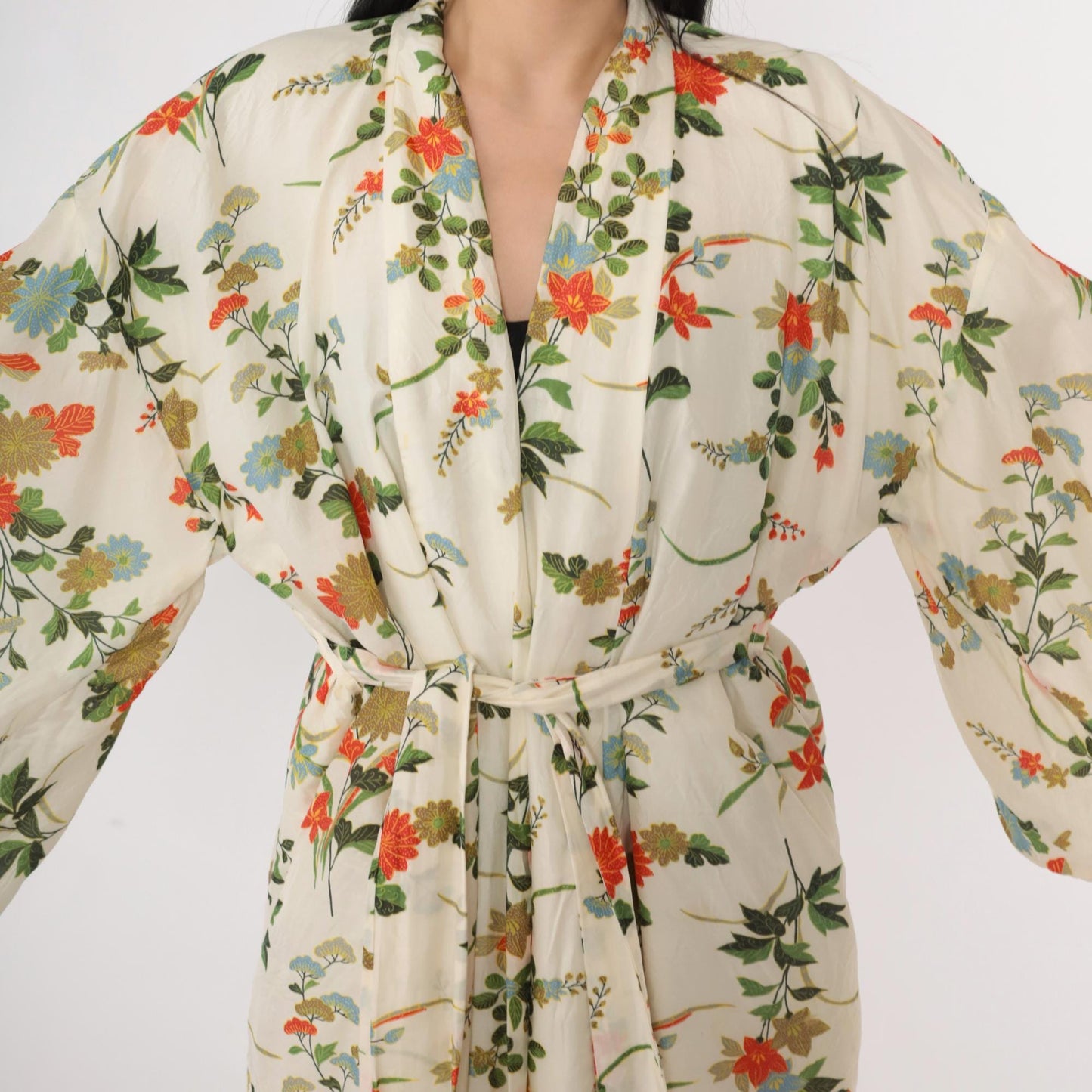 60s Japanese Silk Kimono Robe Ivory Floral Print Wide Sleeve Maxi