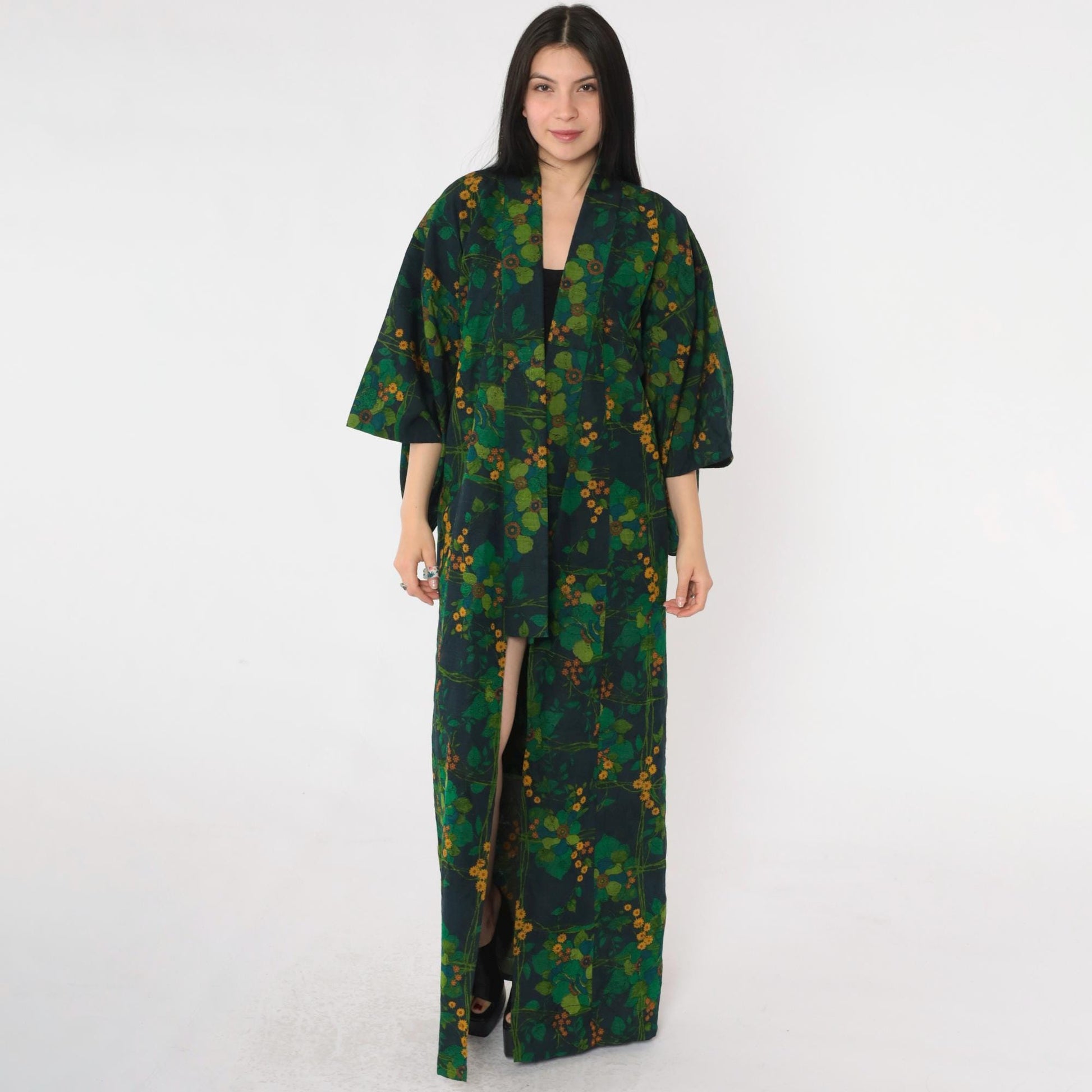 70s Green Floral Silk Kimono Robe Open Front Full Length
