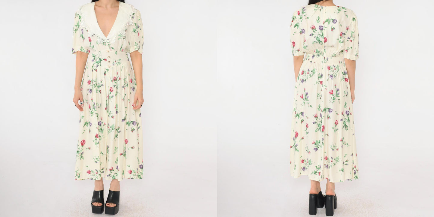 90s S.L. Fashions Cream Floral Maxi Dress Deep V Lace Collar Medium