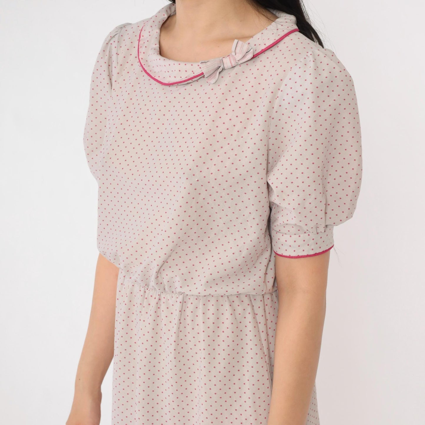 80s Grey Polka Dot Puff Sleeve Dress Pink Bow Collar High Waist Small