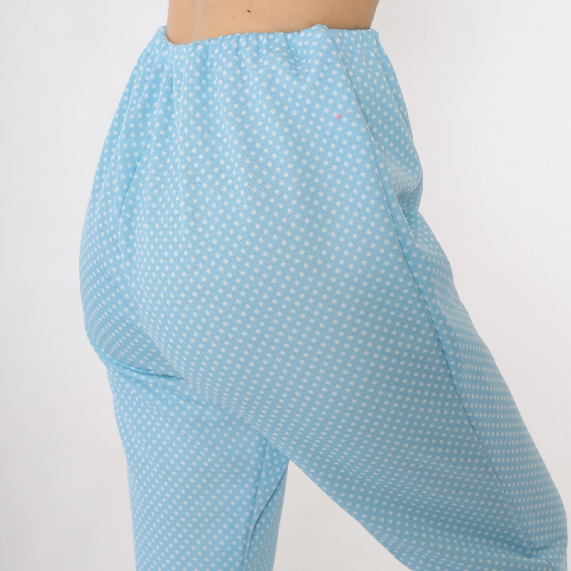 70s Baby Blue Polka Dot Flared Pants High Waist Elastic Small