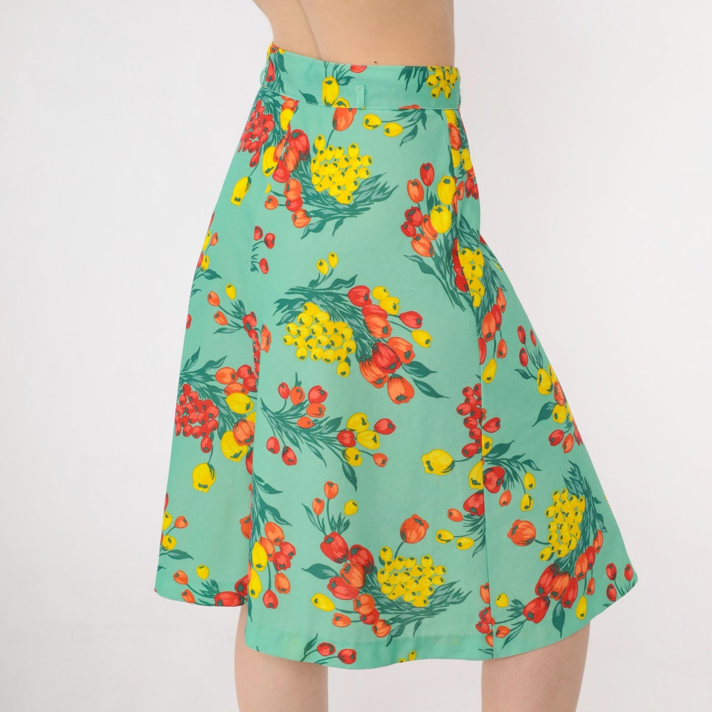 70s Green Floral Midi Skirt High Waisted A-Line Small