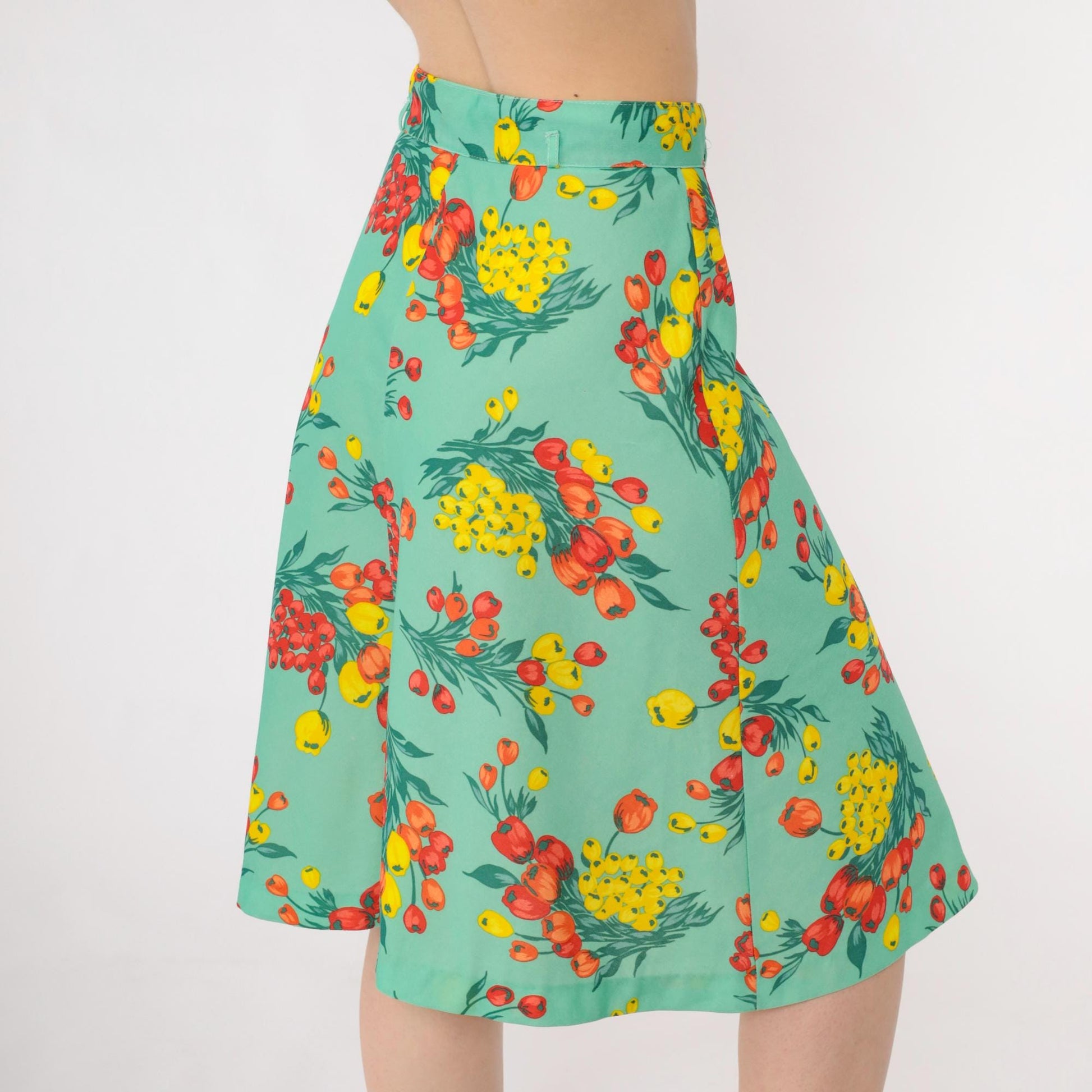70s Green Floral Midi Skirt High Waisted A-Line Small