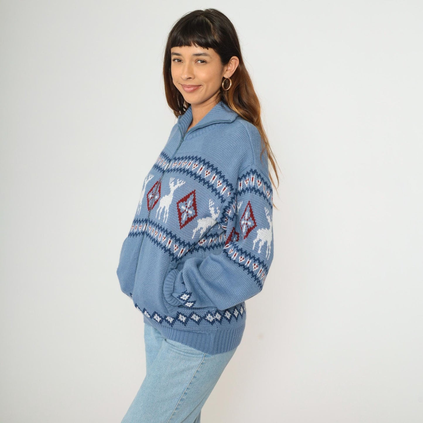 Y2K Fair Isle Reindeer Cardigan Blue Nordic Zip Knit Small S