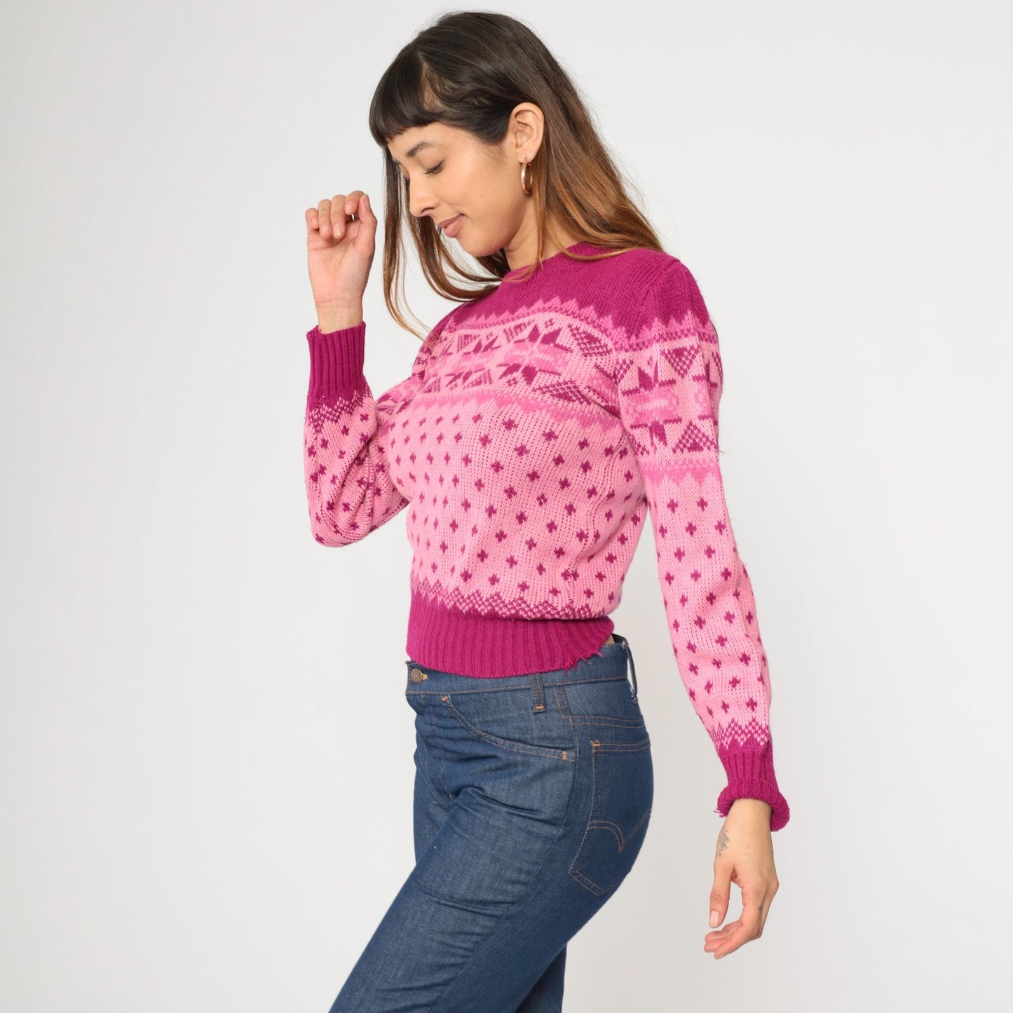 80s Pink Fair Isle Puff Sleeve Sweater Nordic Knit Small