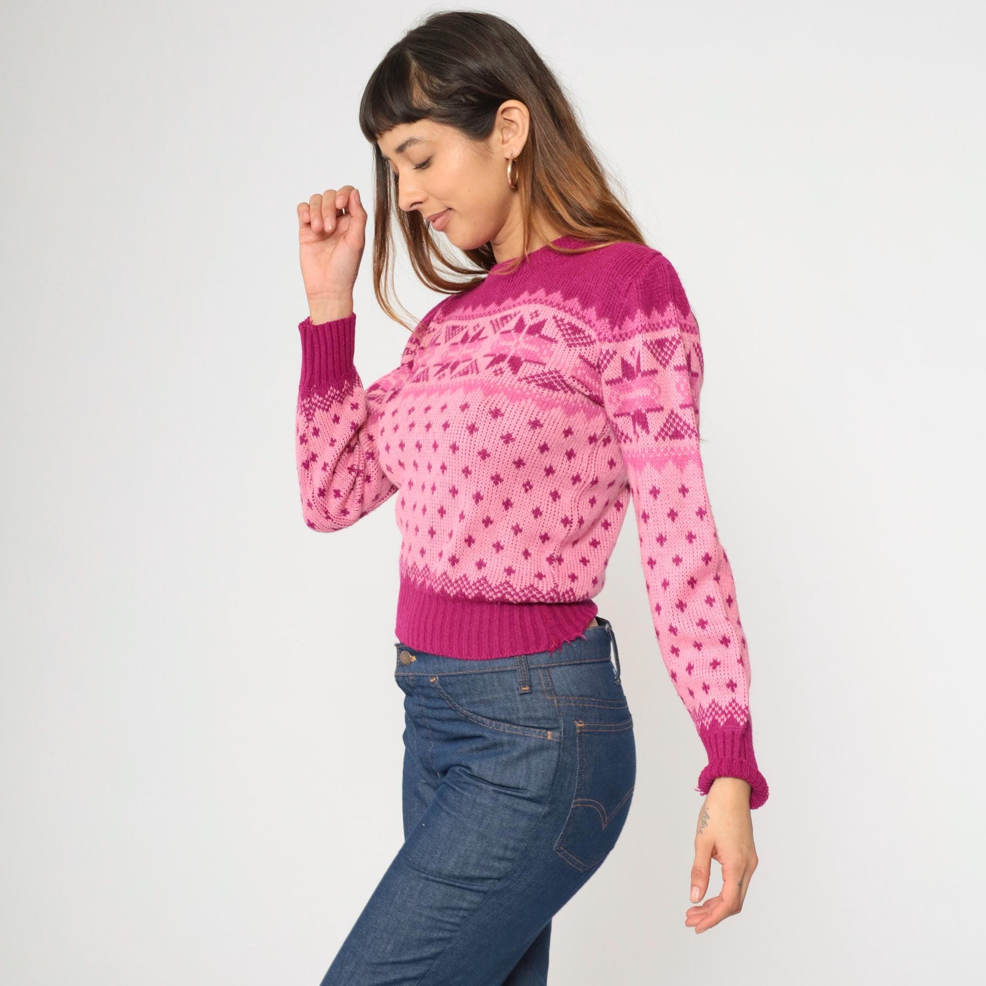 80s Pink Fair Isle Puff Sleeve Sweater Nordic Knit Small