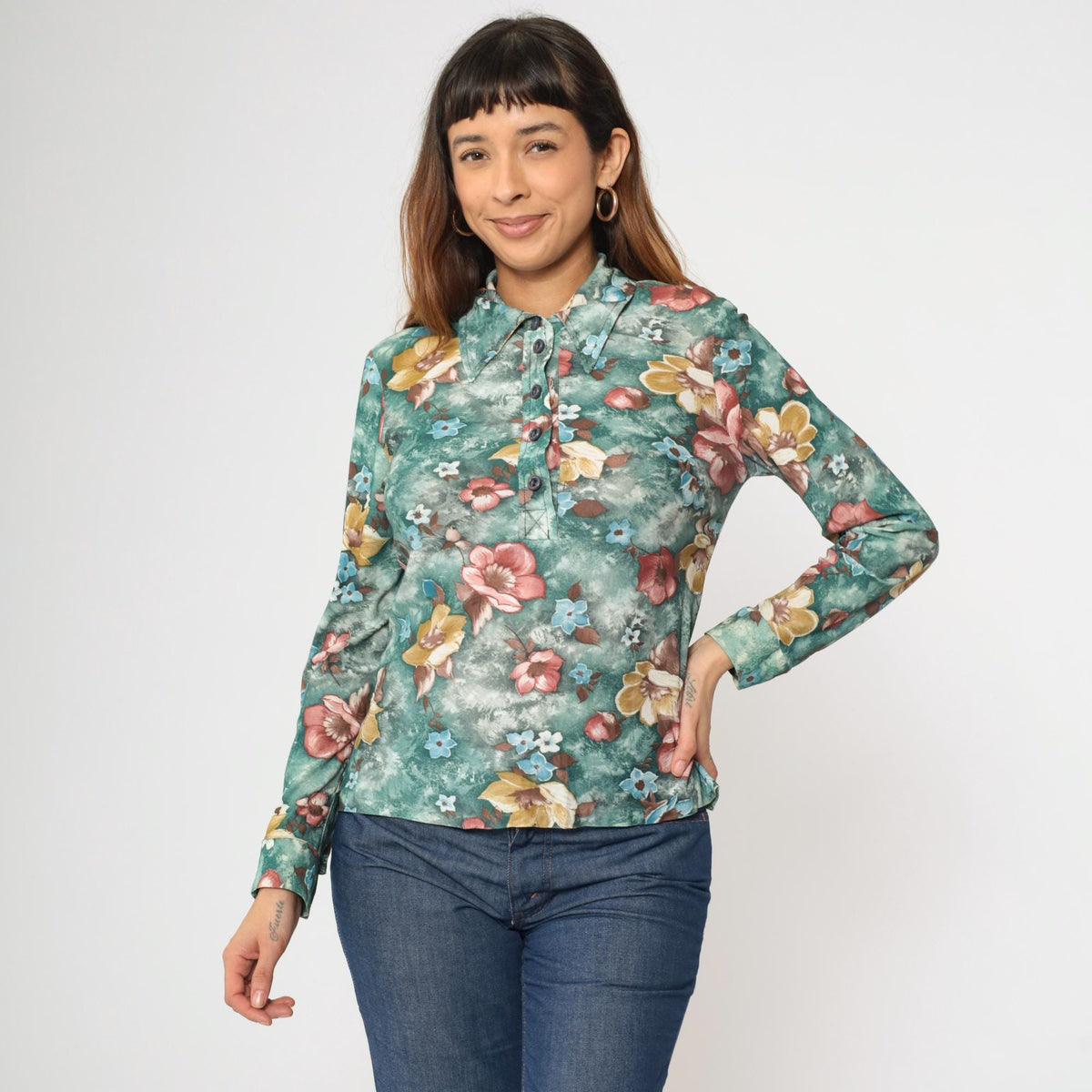 70s Green Floral Button-Up Blouse Long Sleeve Pointed Collar Medium