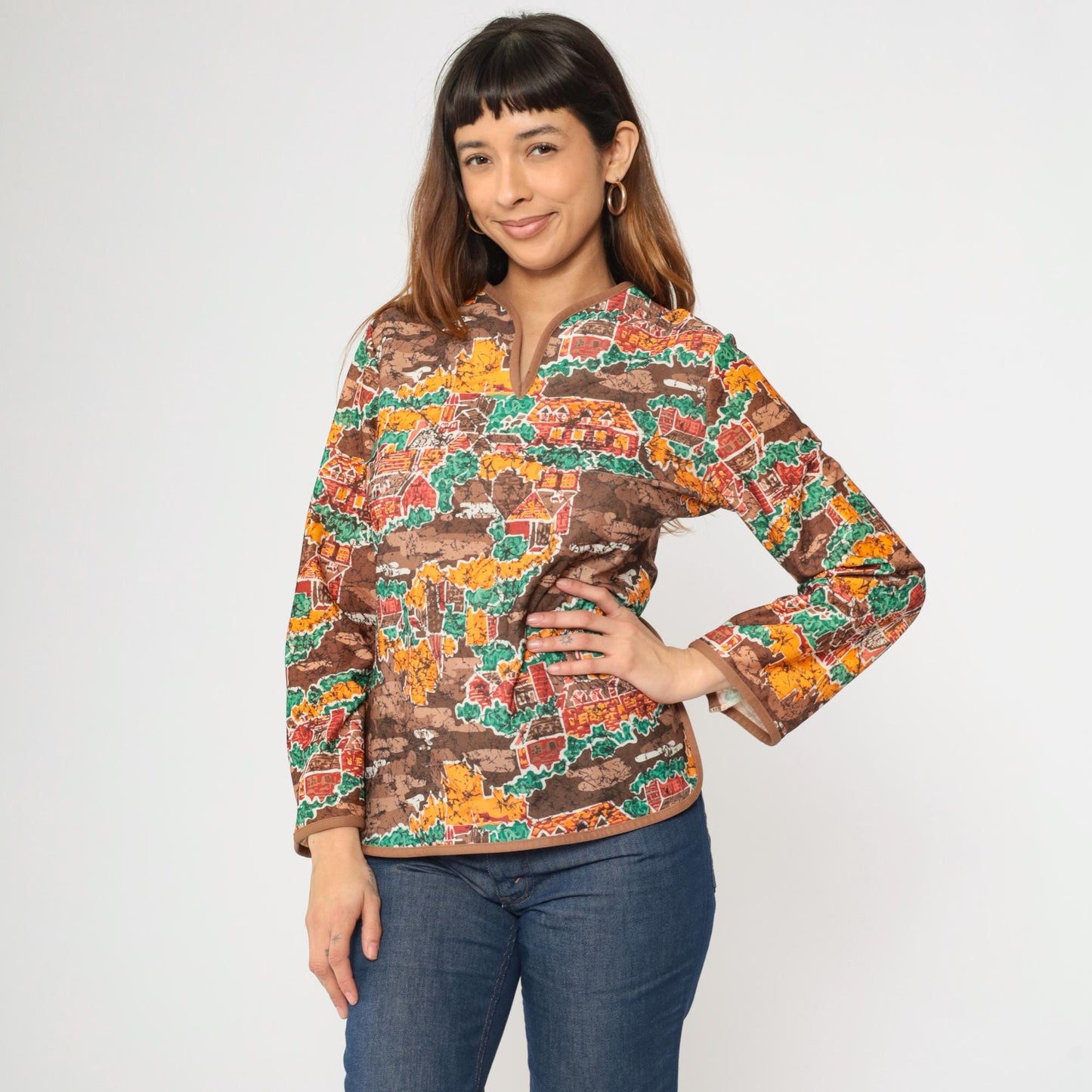 70s Village Print Shirt Brown Slit Neck Long Sleeve Blouse Medium M