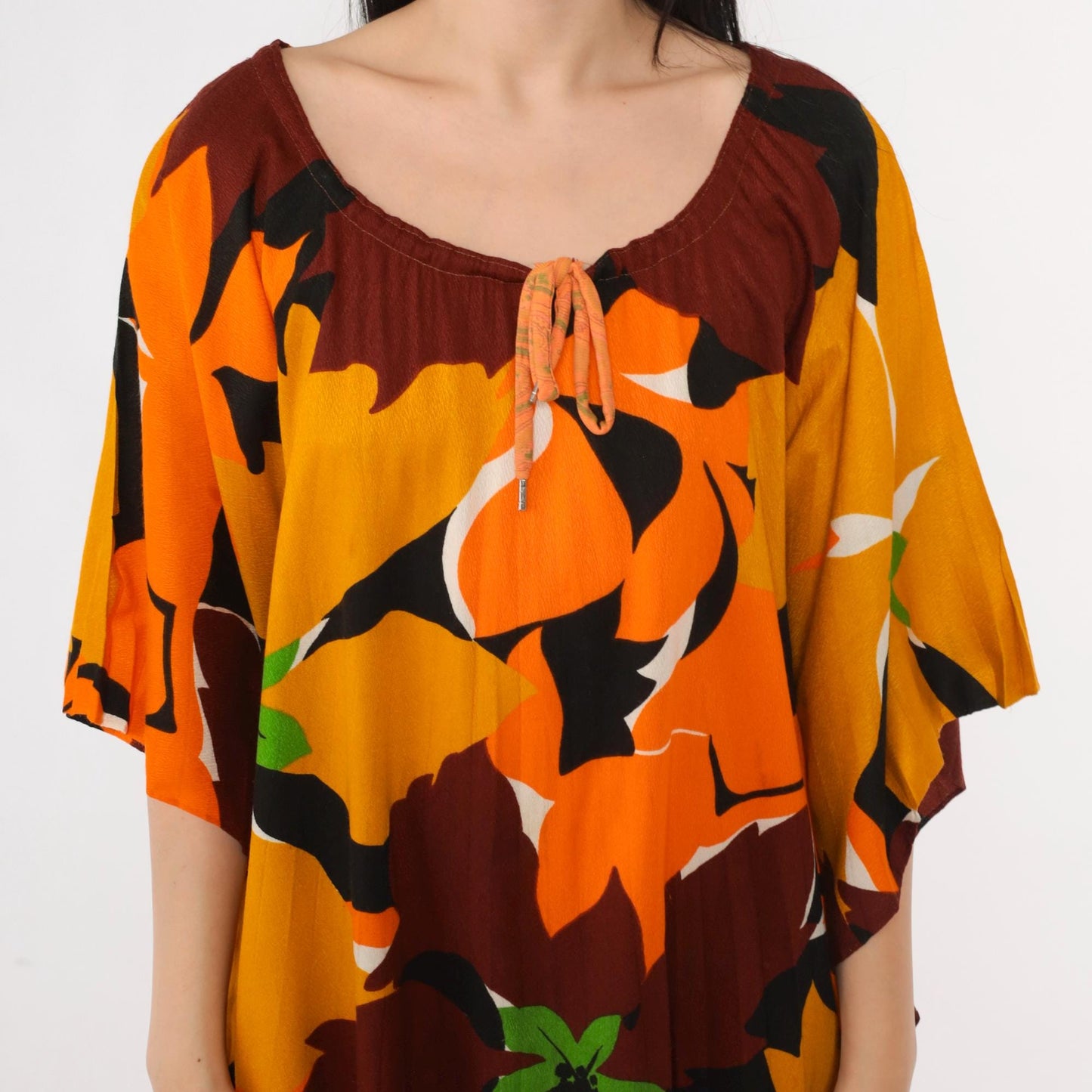 70s Hawaiian Caftan Maxi Dress Floral Mustard Orange Brown One Size