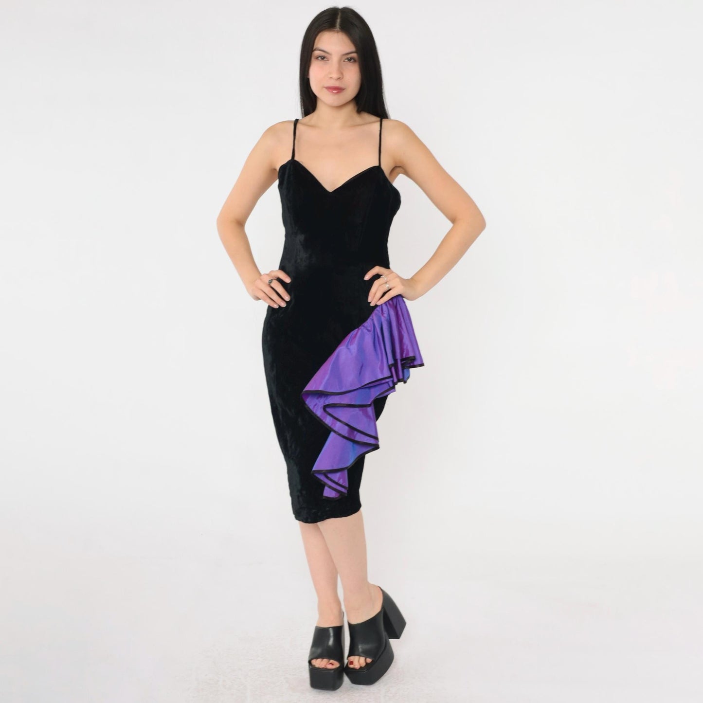 80s Black Velvet Knee-Length Dress Purple Taffeta Ruffle Sweetheart Neckline Small
