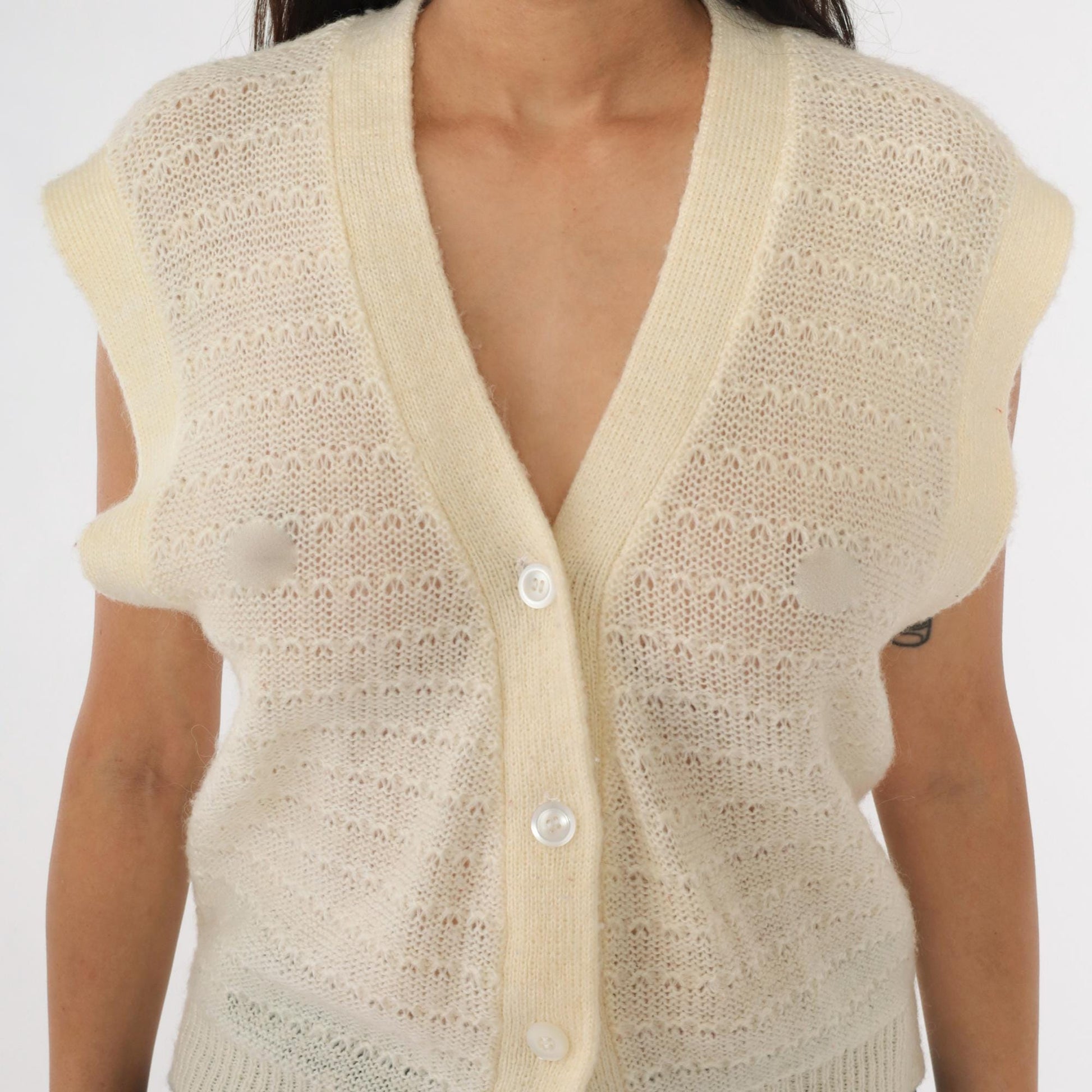 80s Cream Sheer Knit Vest Button-Up Sweater Cap Sleeve Small