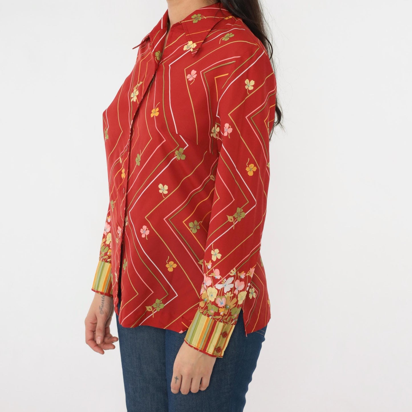 70s Striped Floral Button Up Blouse Red Zig Zag Long Sleeve Medium