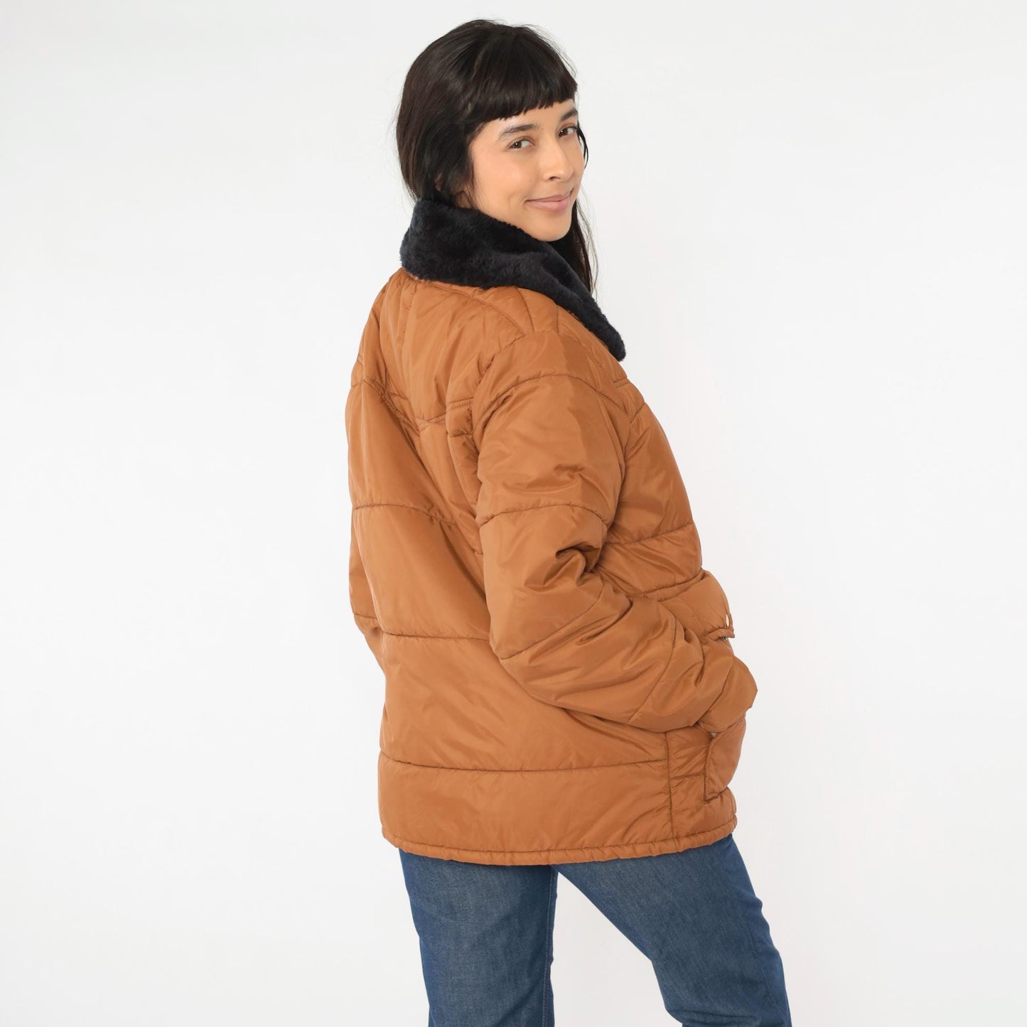 1970s Walls Blizzard Pruf Puffer Ski Jacket Brown Faux Fur Collar Large L