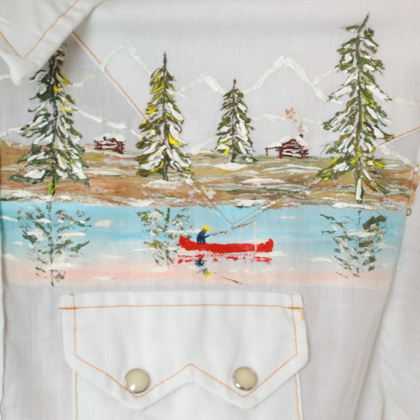 70s Dee-Cee Western Shirt Hand-Painted Fly Fishing Scene Pearl Snap Large L