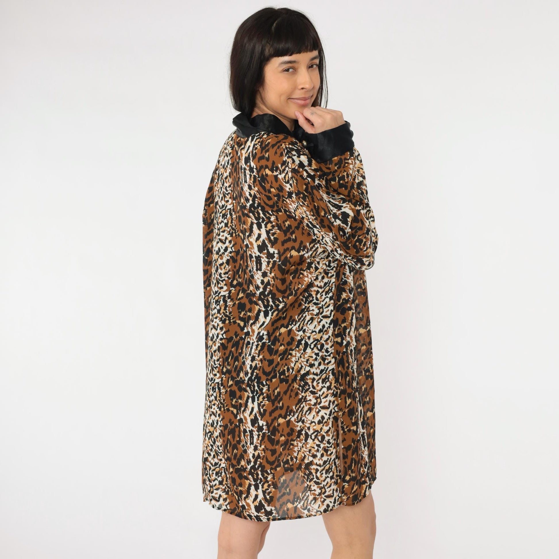 90s Leopard Print Jacket Black Collar Longline Open Front Small Medium