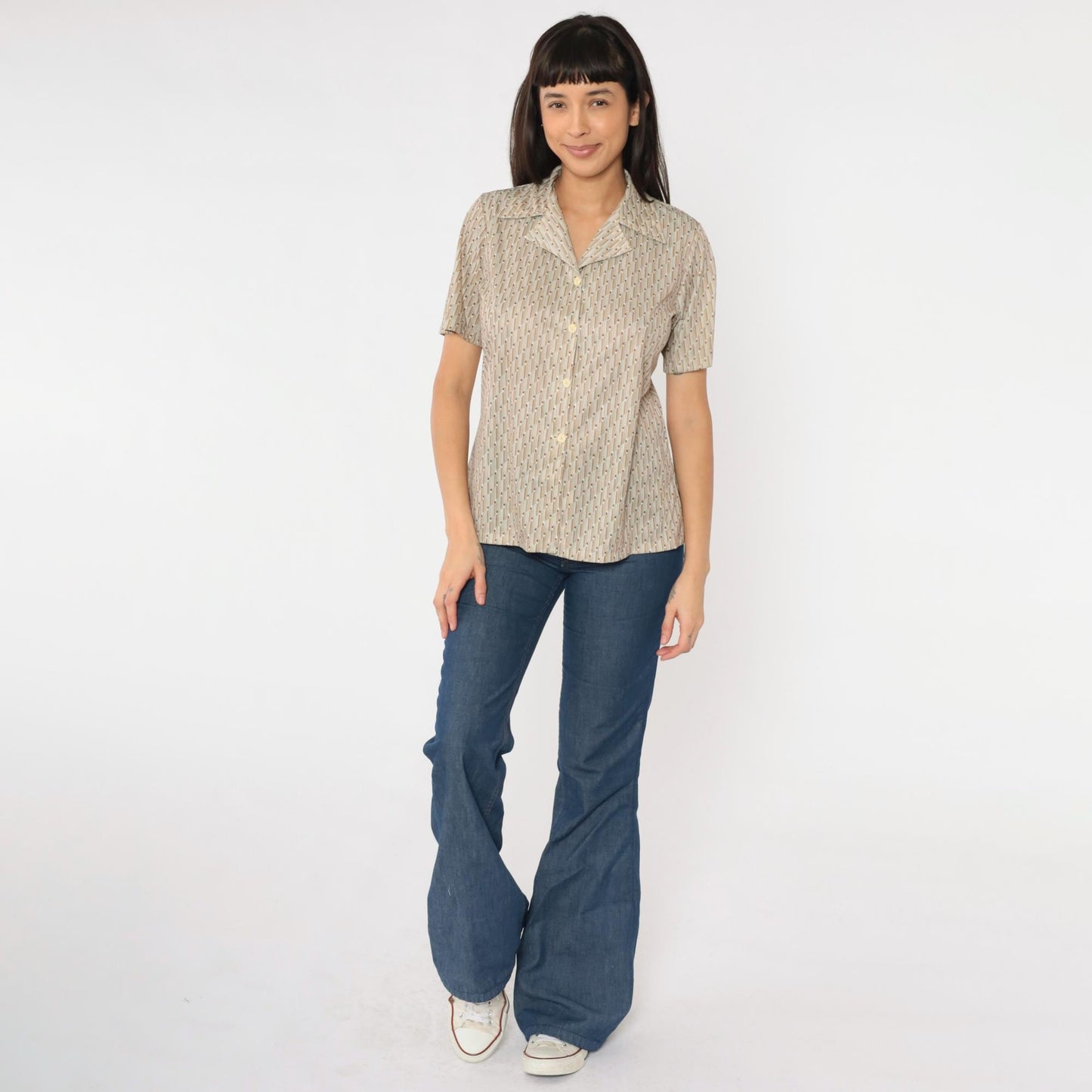 70s Op Art Geometric Blouse White Brown Disco Shirt Short Sleeve Medium