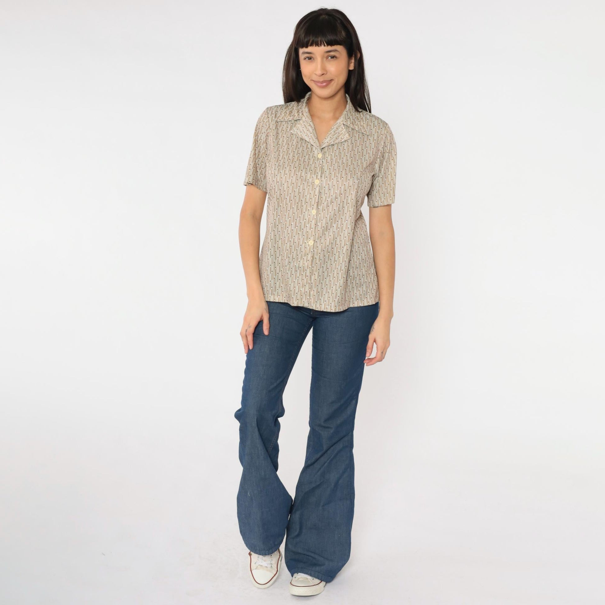 70s Op Art Geometric Blouse White Brown Disco Shirt Short Sleeve Medium