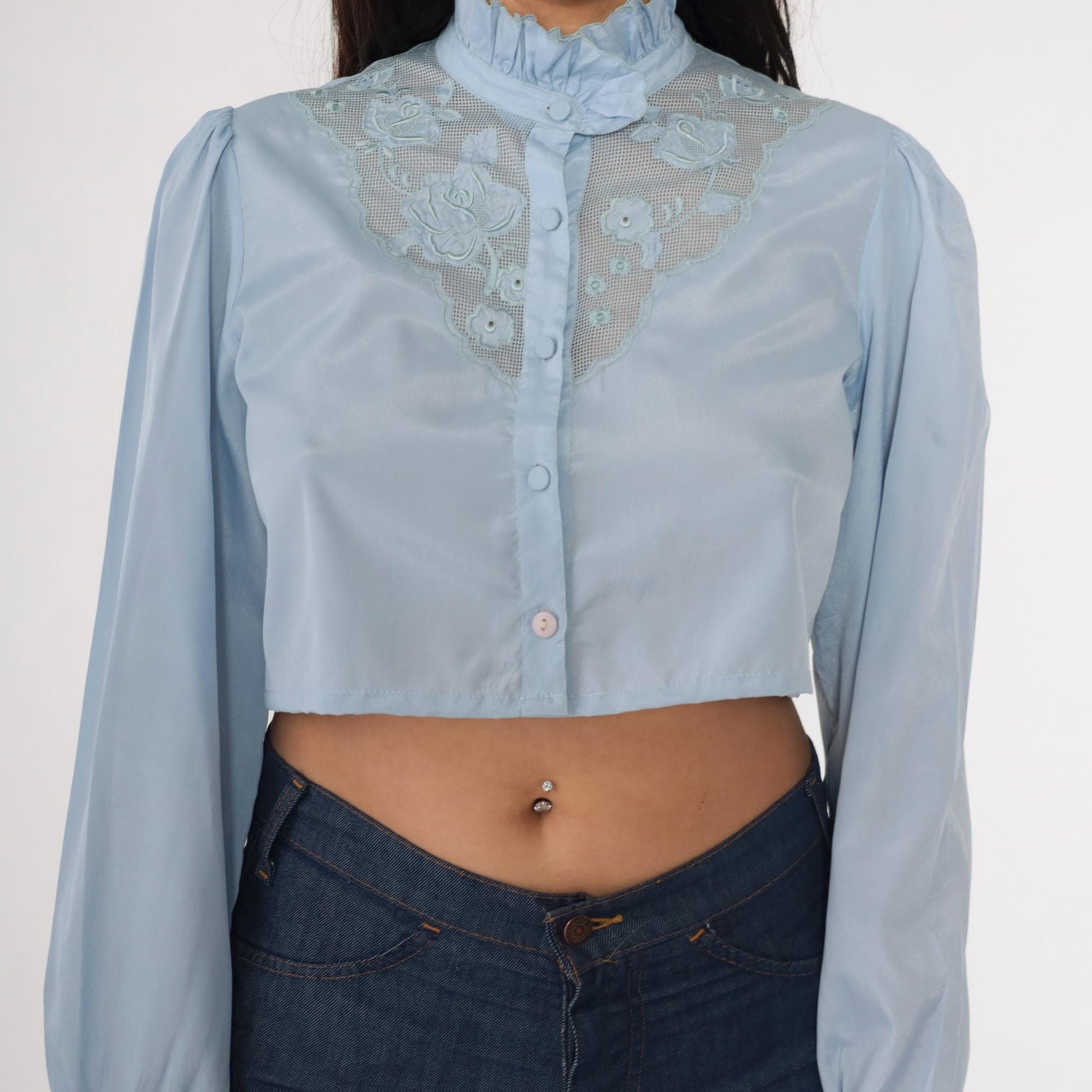 80s Light Blue Victorian Crop Top Puff Sleeve Button Up Blouse Small Medium