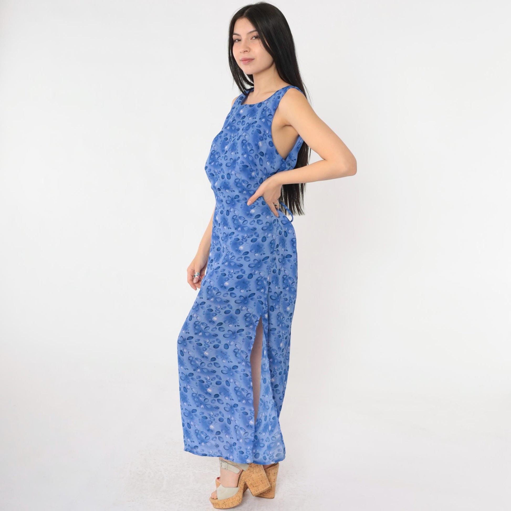 90s Blue Floral Maxi Dress with Matching Shawl Sleeveless Medium