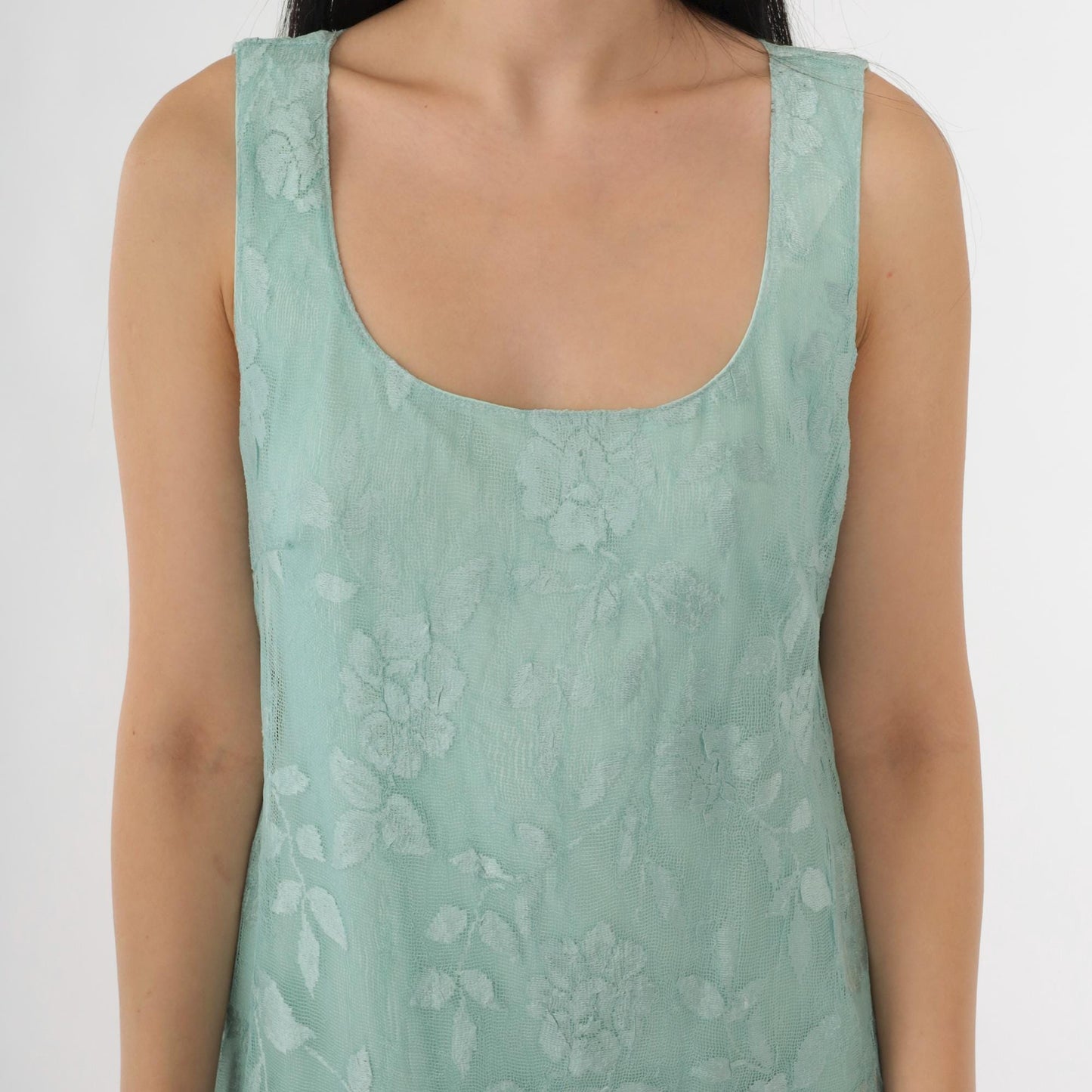 90s Seafoam Net Lace Maxi Dress Floral Embroidered Scoop Neck Small