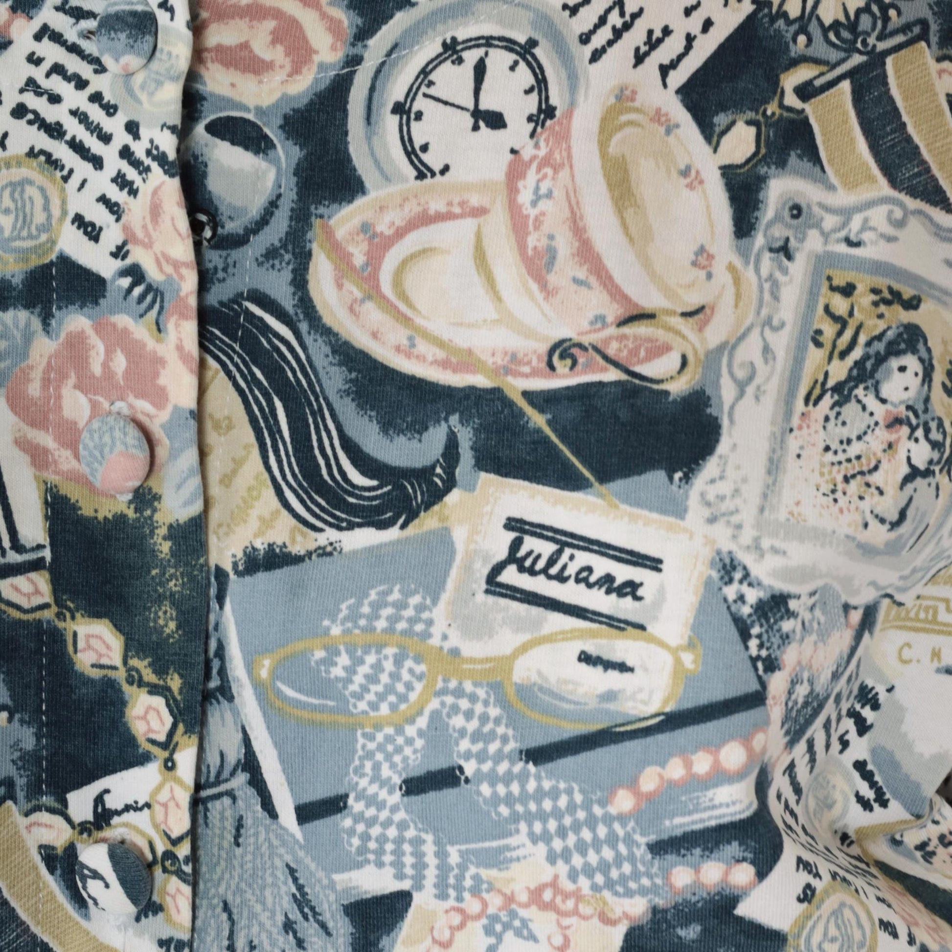 90s Abstract Print Romper Teacup Newspaper Button Front Drawstring Medium M