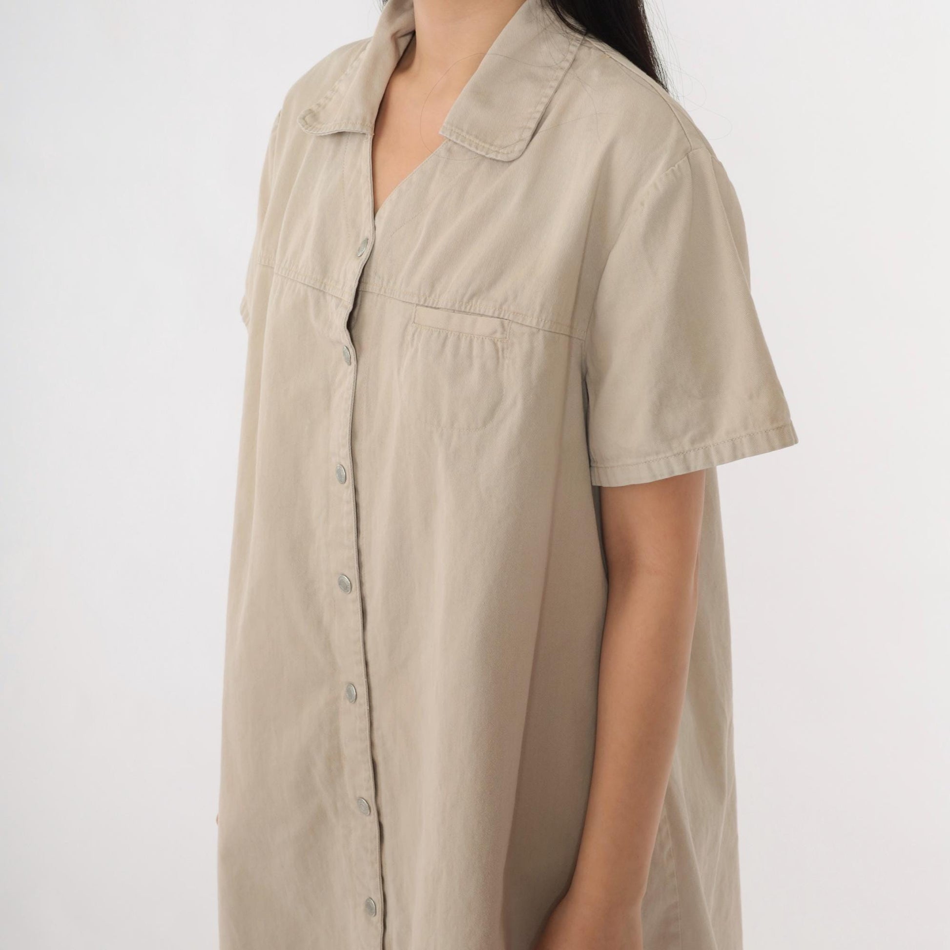 90s Faded Glory Khaki Shirt Dress Cotton Twill Mini Tan XL