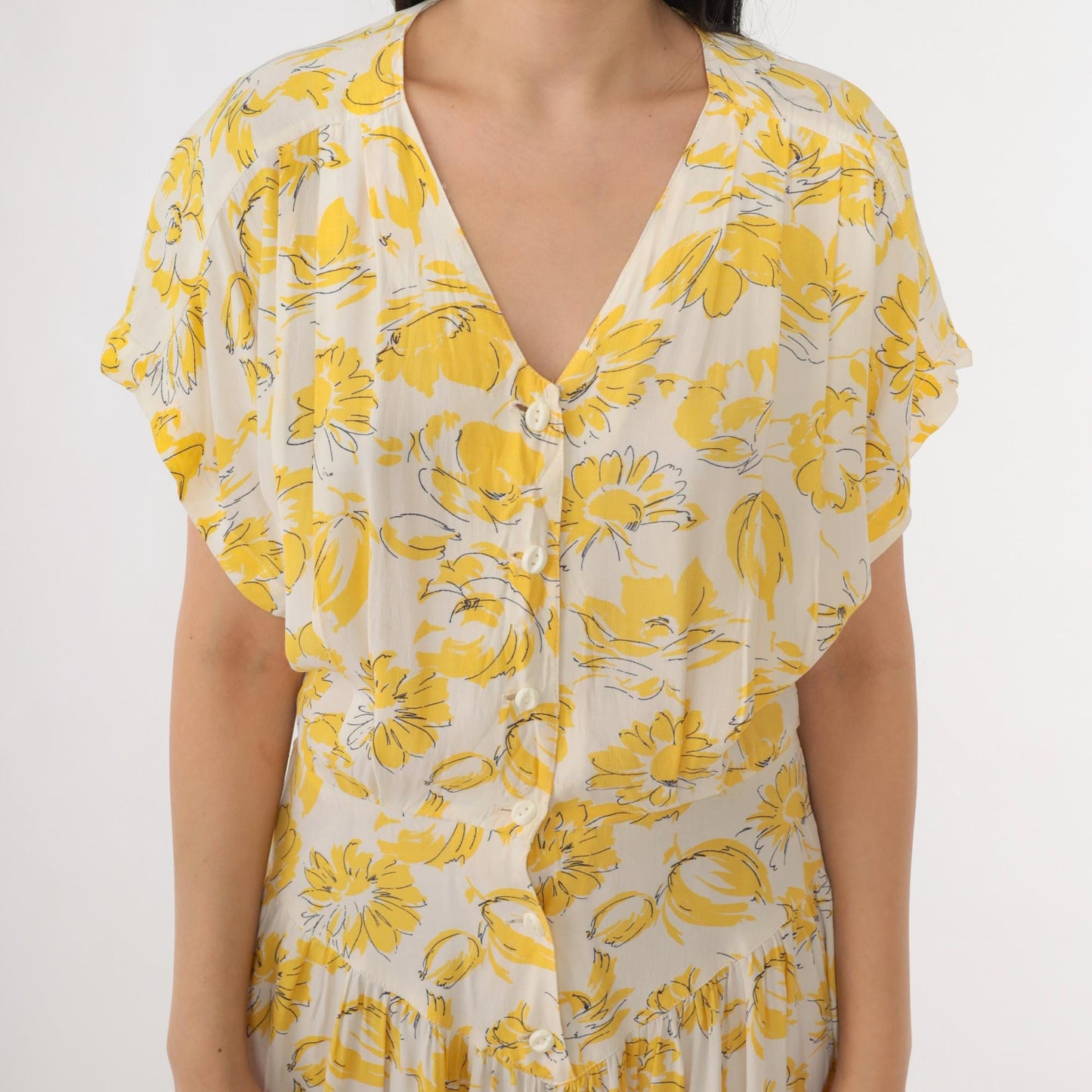80s E.D. Michaels Yellow Floral Drop Waist Midi Dress V Neck Button Front Small