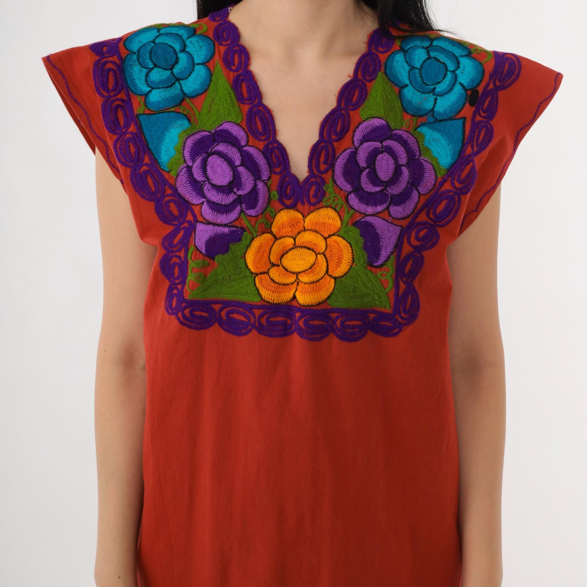 90s Red Mexican Embroidered Midi Dress Floral Tunic Cap Sleeve Medium